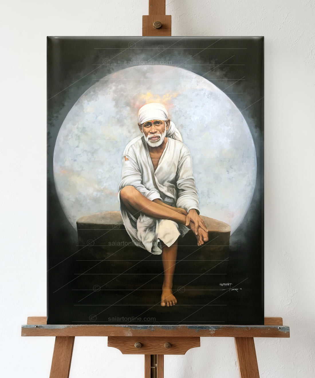 Sai Baba Original Photo Sitting on Stone Canvas Painting | Hemant Art