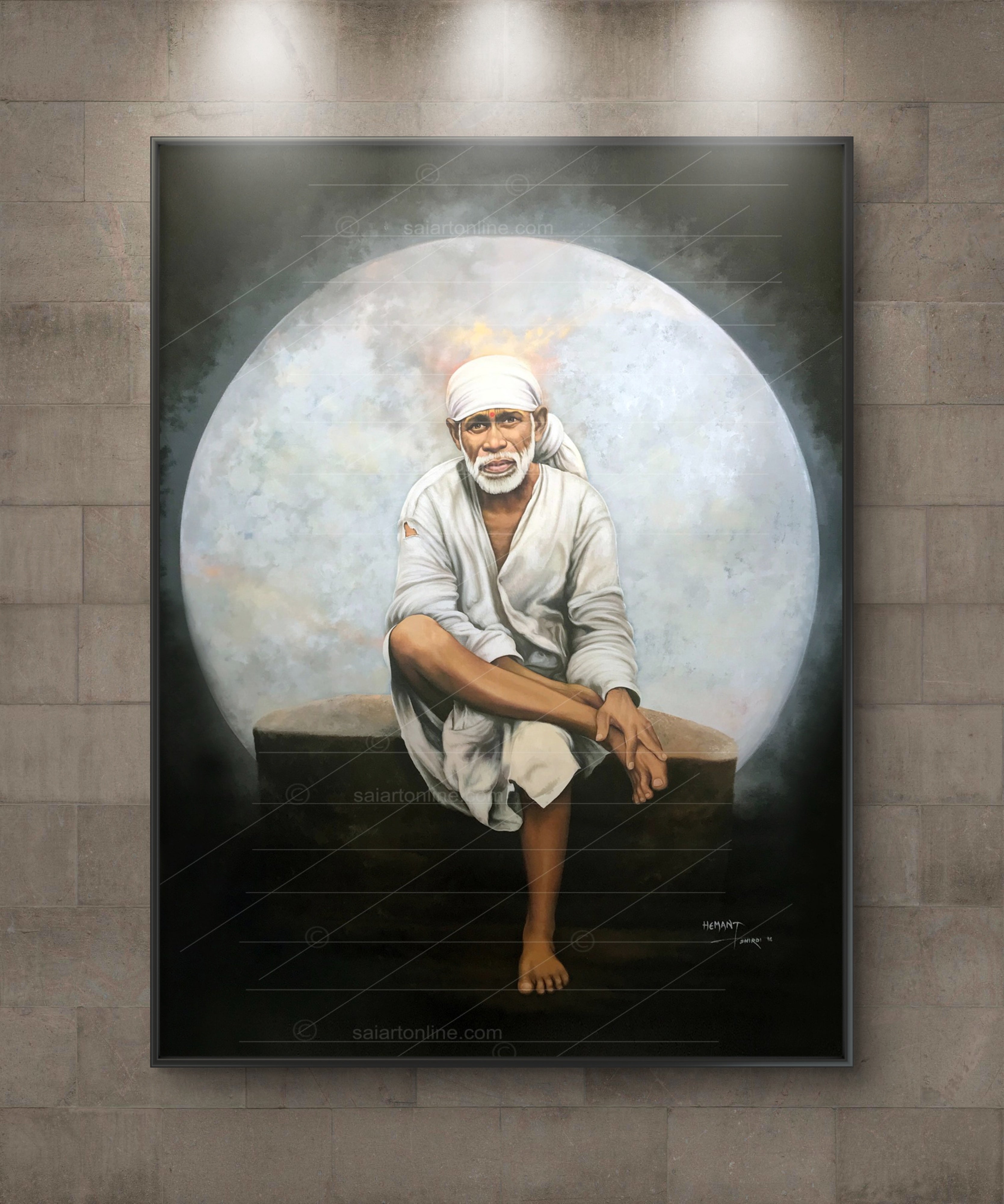 Shirdi Sai Baba Original Photo Sitting on Stone Canvas Painting | UV Coated Waterproof HD Wall Art by Hemant Art