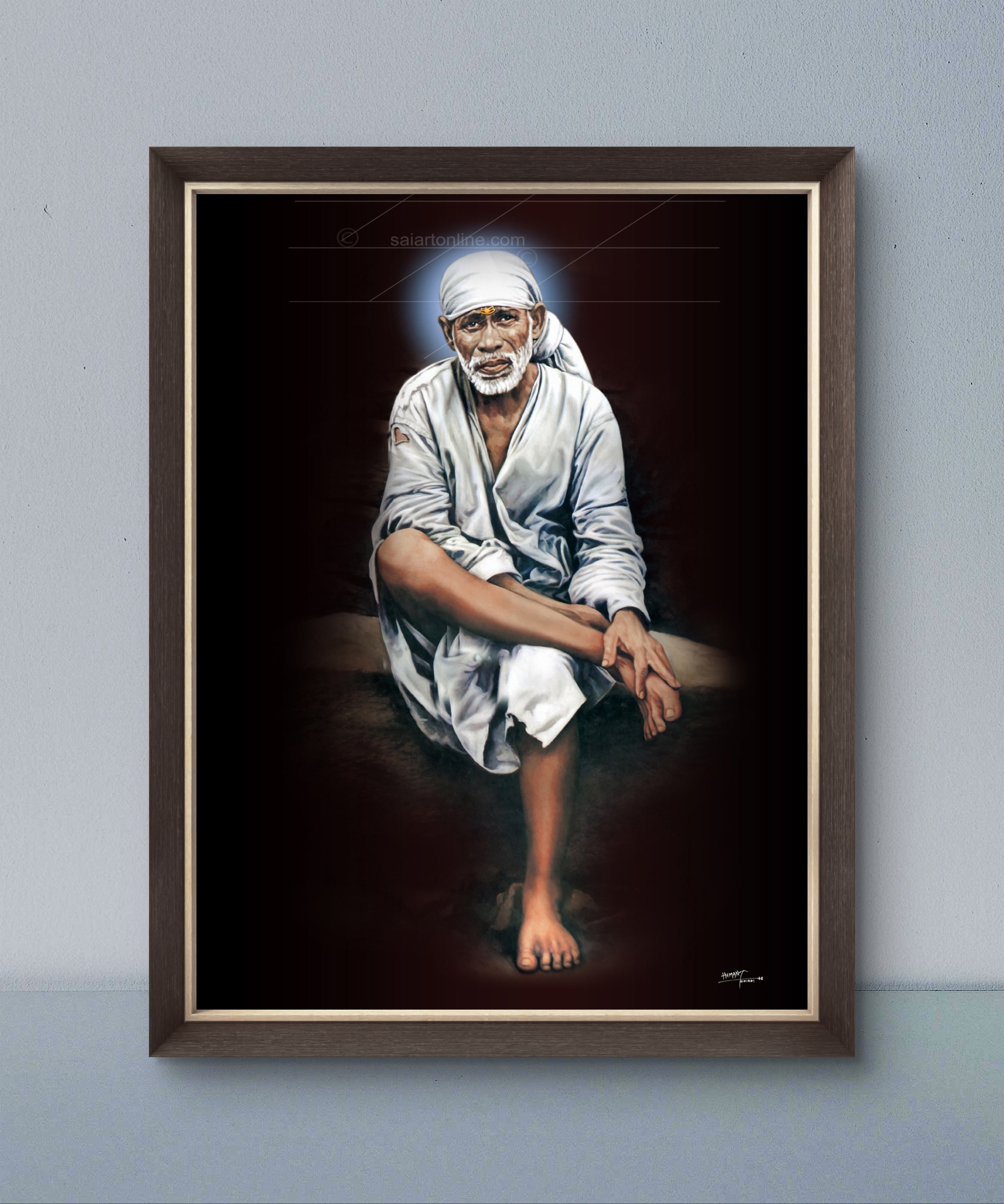 Shirdi Sai Baba Original Photo Sitting on Stone Canvas Painting | UV Coated Waterproof HD Wall Art by Hemant Art