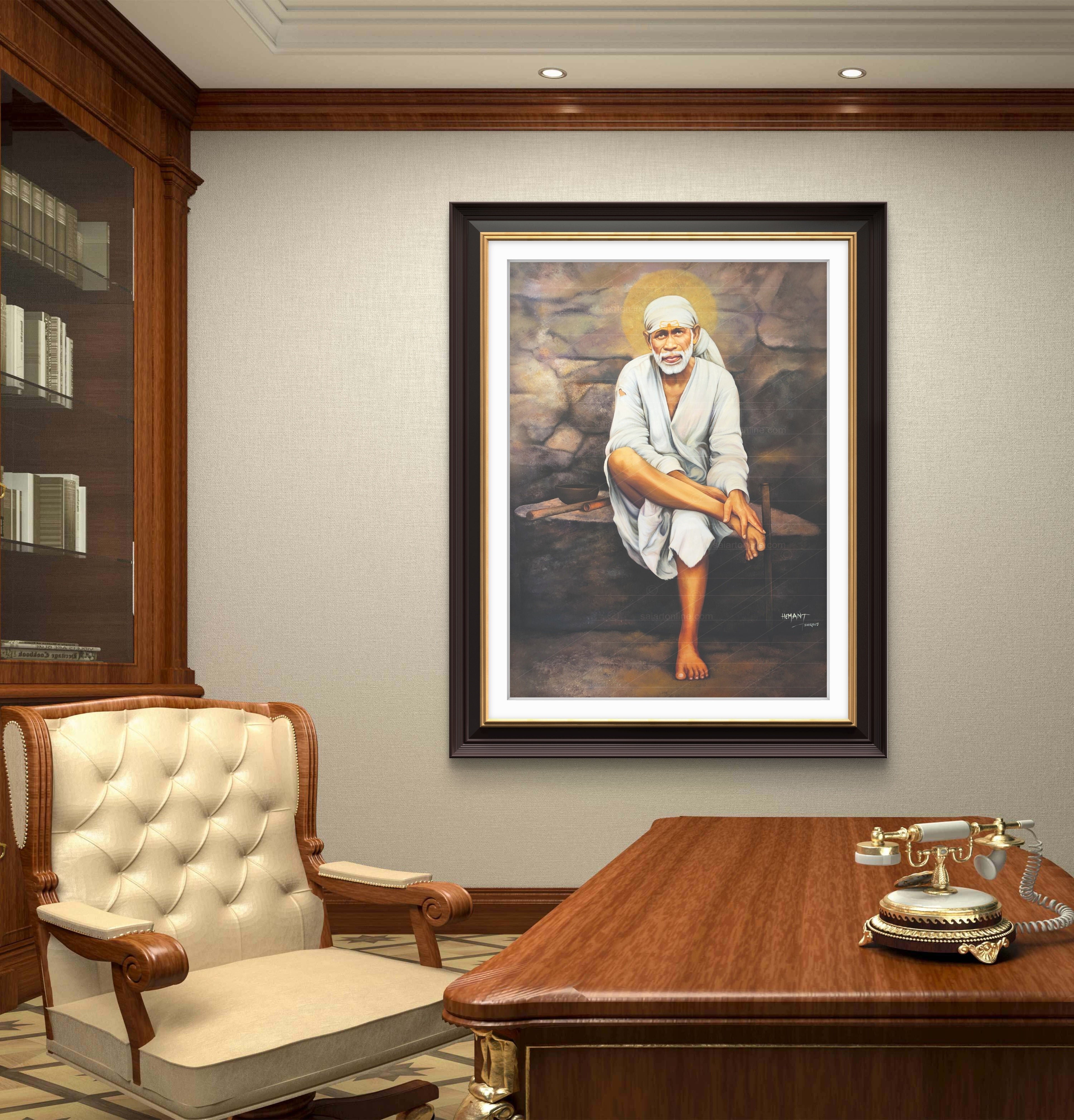 Shirdi Sai Baba Original Photo Sitting on Stone Canvas Painting | UV Coated Waterproof HD Wall Art by Hemant Art