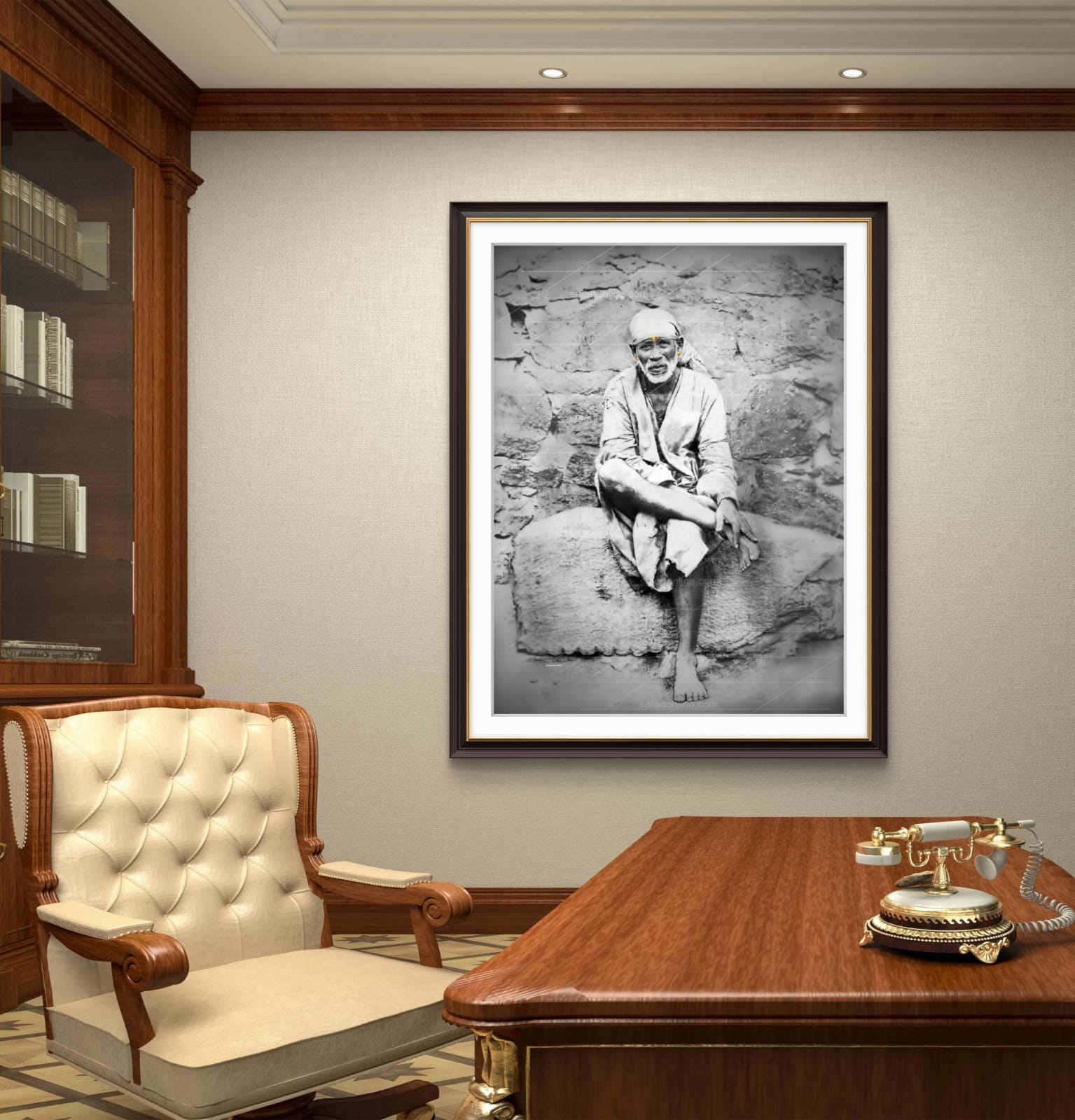 Shirdi Sai Baba Original Photo Sitting on Stone Canvas Painting | UV Coated Waterproof HD Wall Art by Hemant Art