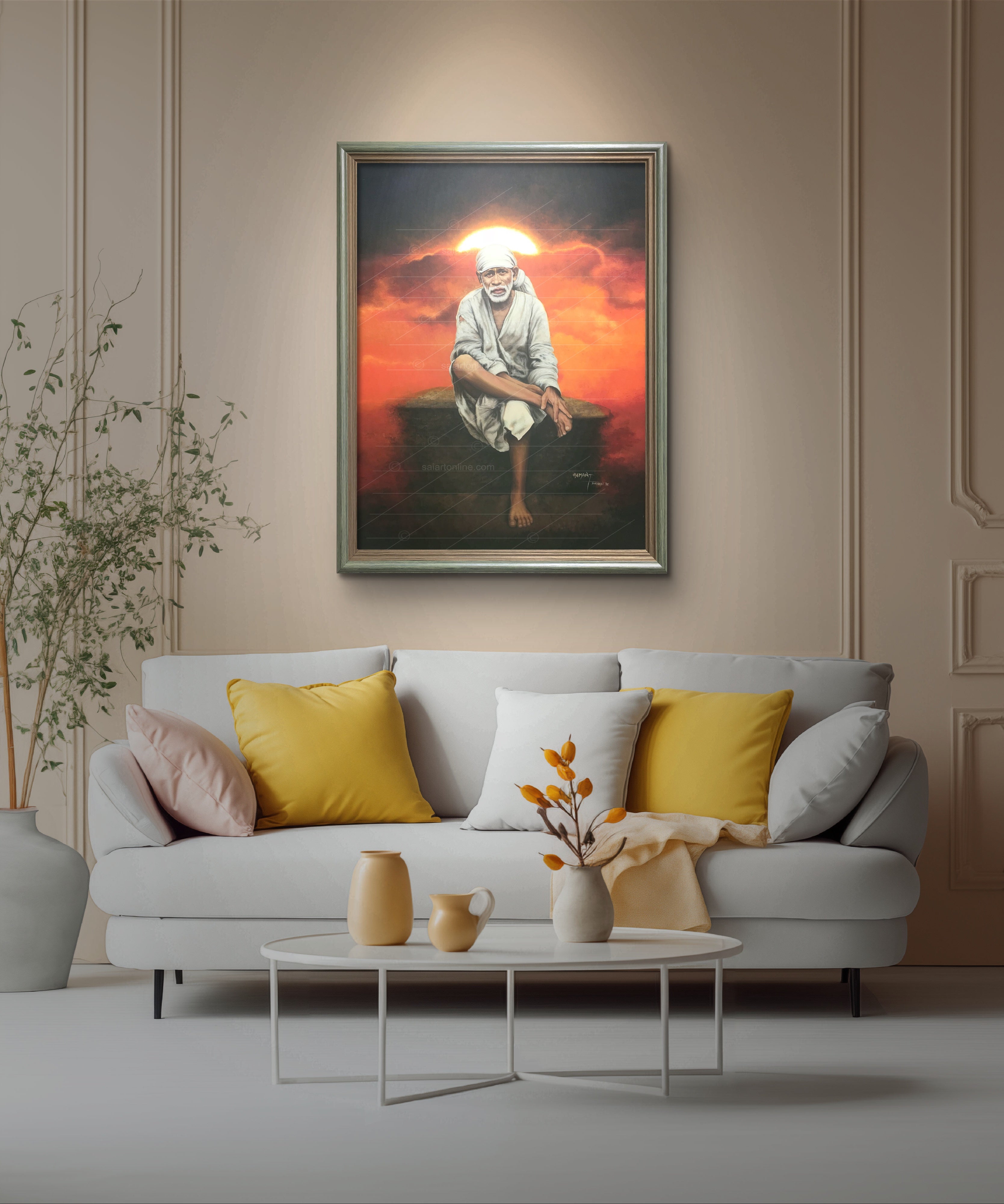 Shirdi Sai Baba Original Photo Sitting on Stone Canvas Painting | UV Coated Waterproof HD Wall Art by Hemant Art