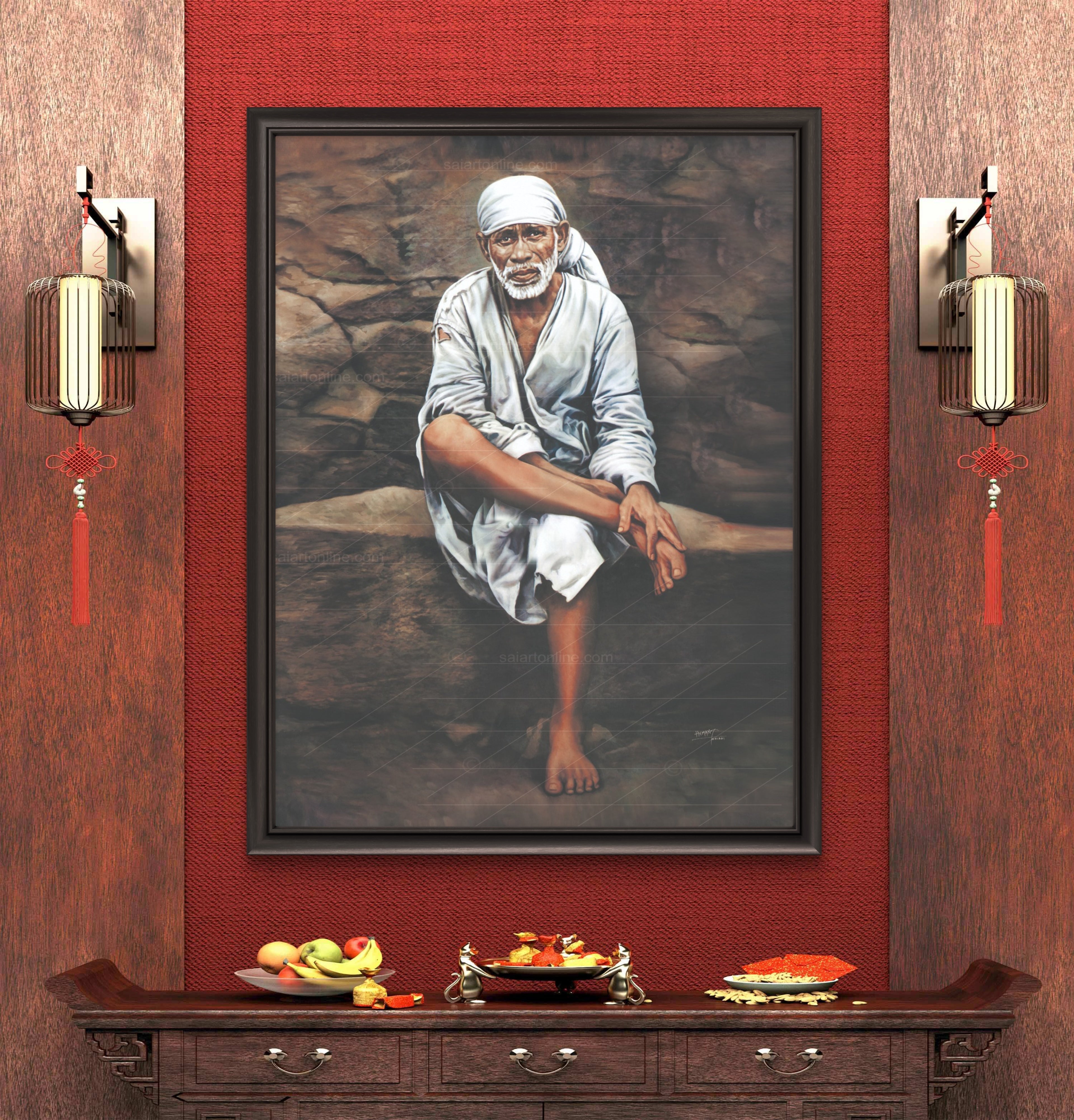 Shirdi Sai Baba Photo Sitting On Stone Hand Painting Canvas Reprint Wall Art Decor photo, Picture/Poster