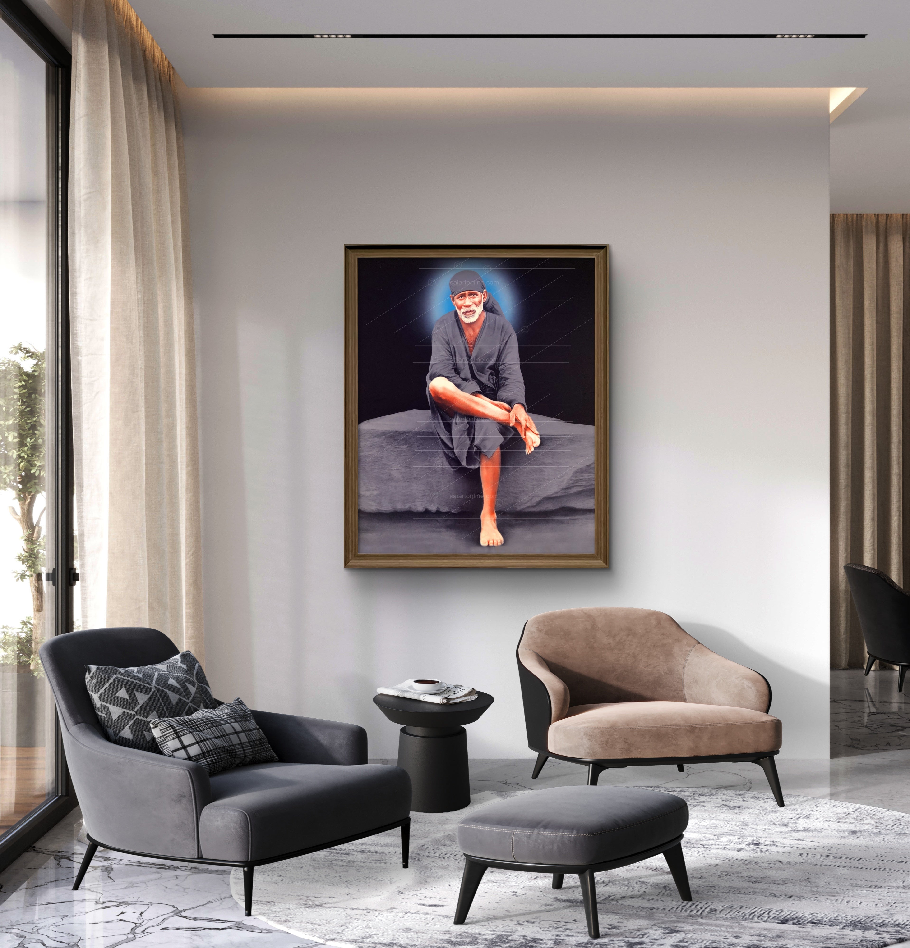 Shirdi Sai Baba Photo Sitting On Stone Hand Painting Canvas Reprint Wall Art Decor photo, Picture/Poster