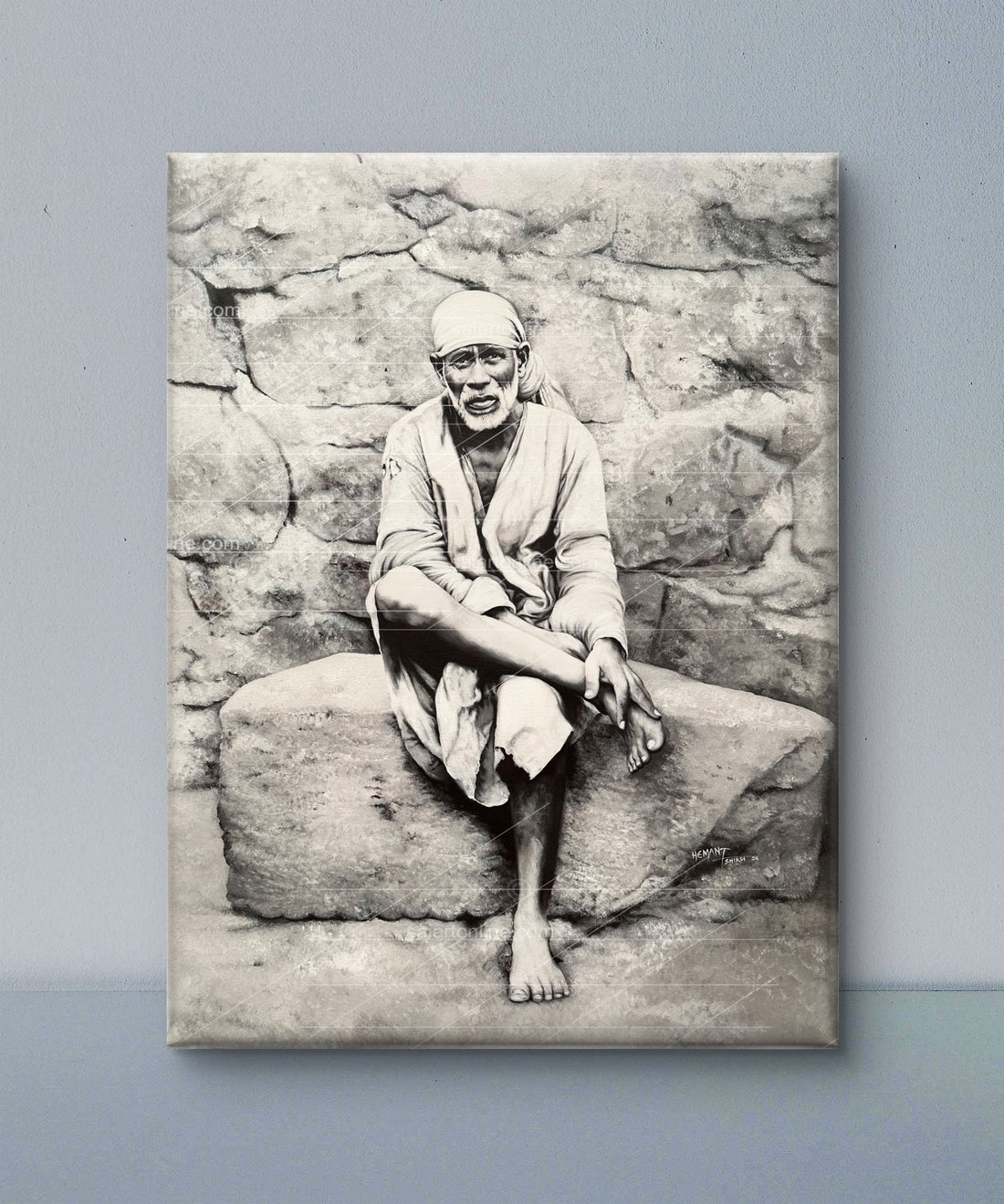 Sai Baba Original Photo Sitting on Stone Canvas Painting | Hemant Art