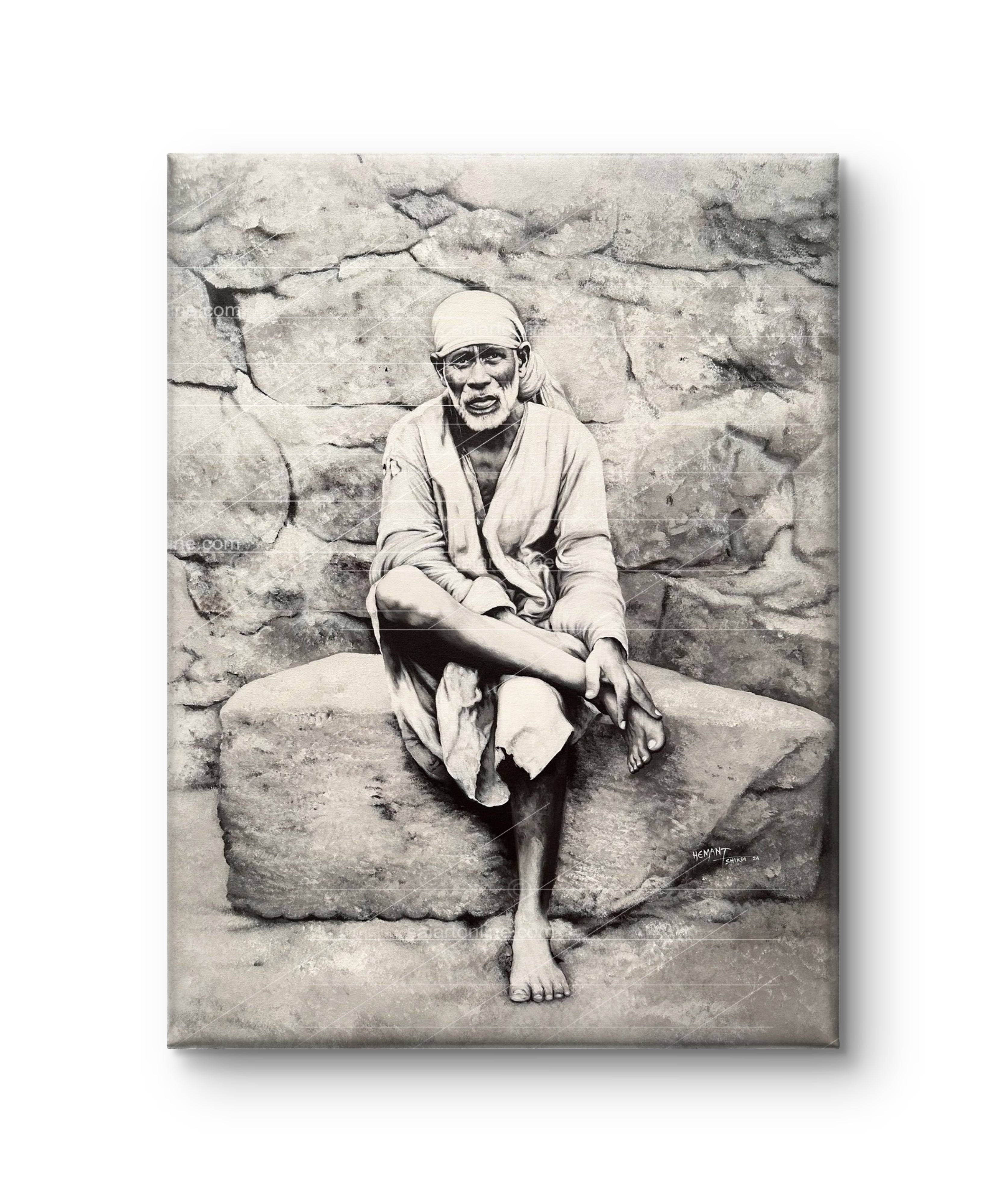 🏡Shirdi Sai Baba Photo Sitting On Stone Hand Painting Canvas Reprint Wall Art Decor photo, Picture/Poster🖼️