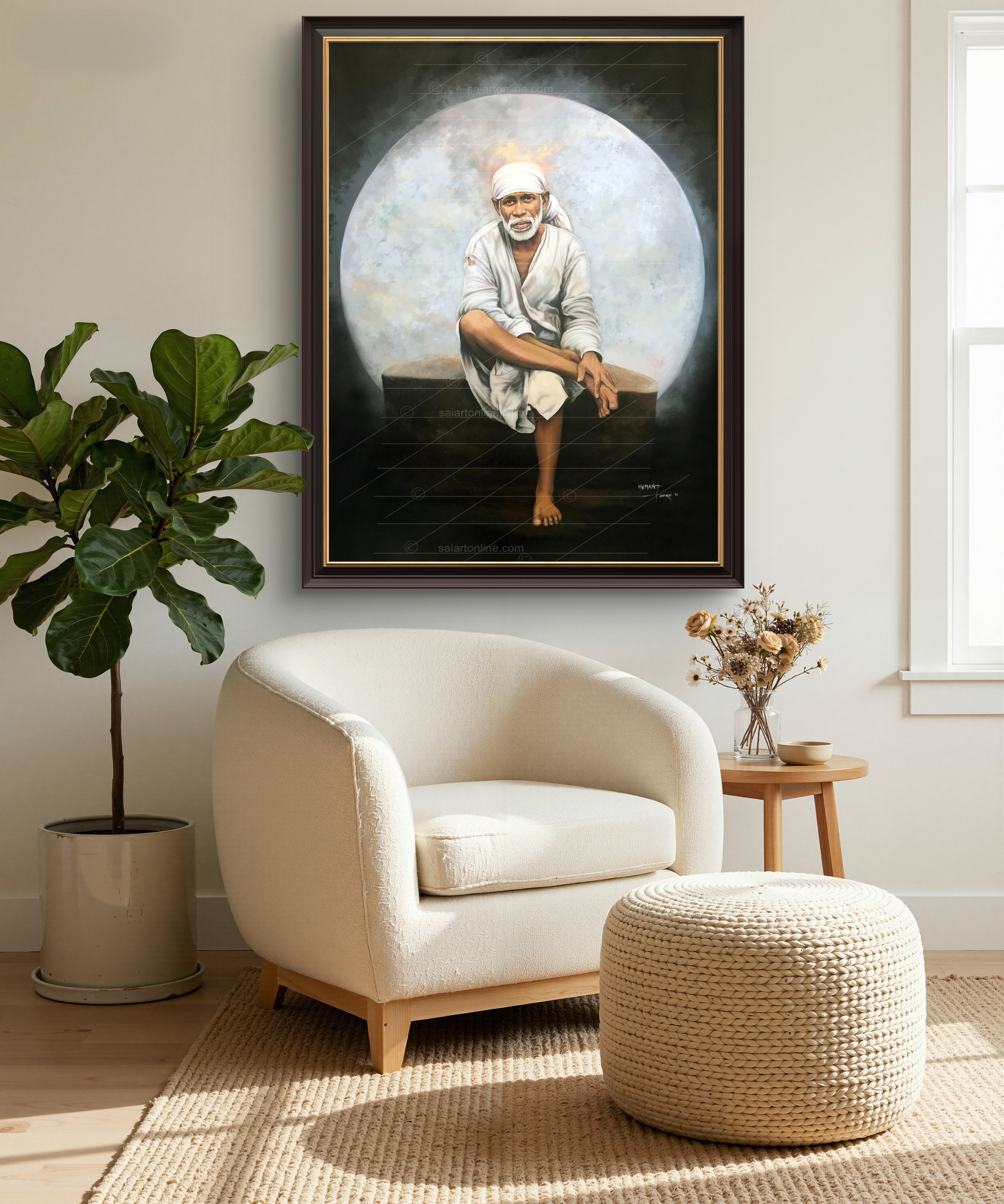 Shirdi Sai Baba Original Photo Sitting on Stone Canvas Painting | UV Coated Waterproof HD Wall Art by Hemant Art