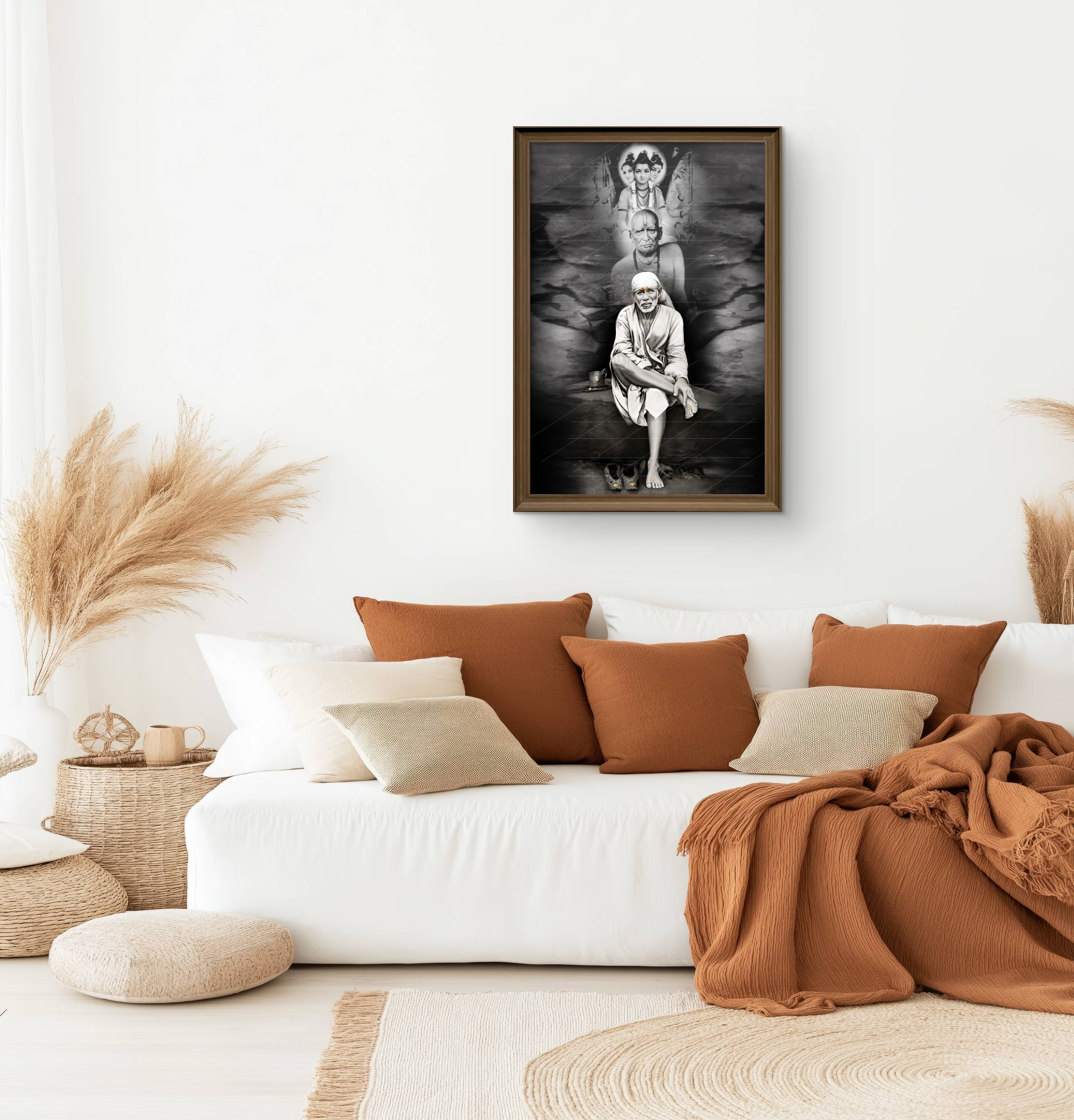 Shirdi Sai Baba Photo Sitting On Stone Hand Painting Canvas Reprint Wall Art Decor photo, Picture/Poster