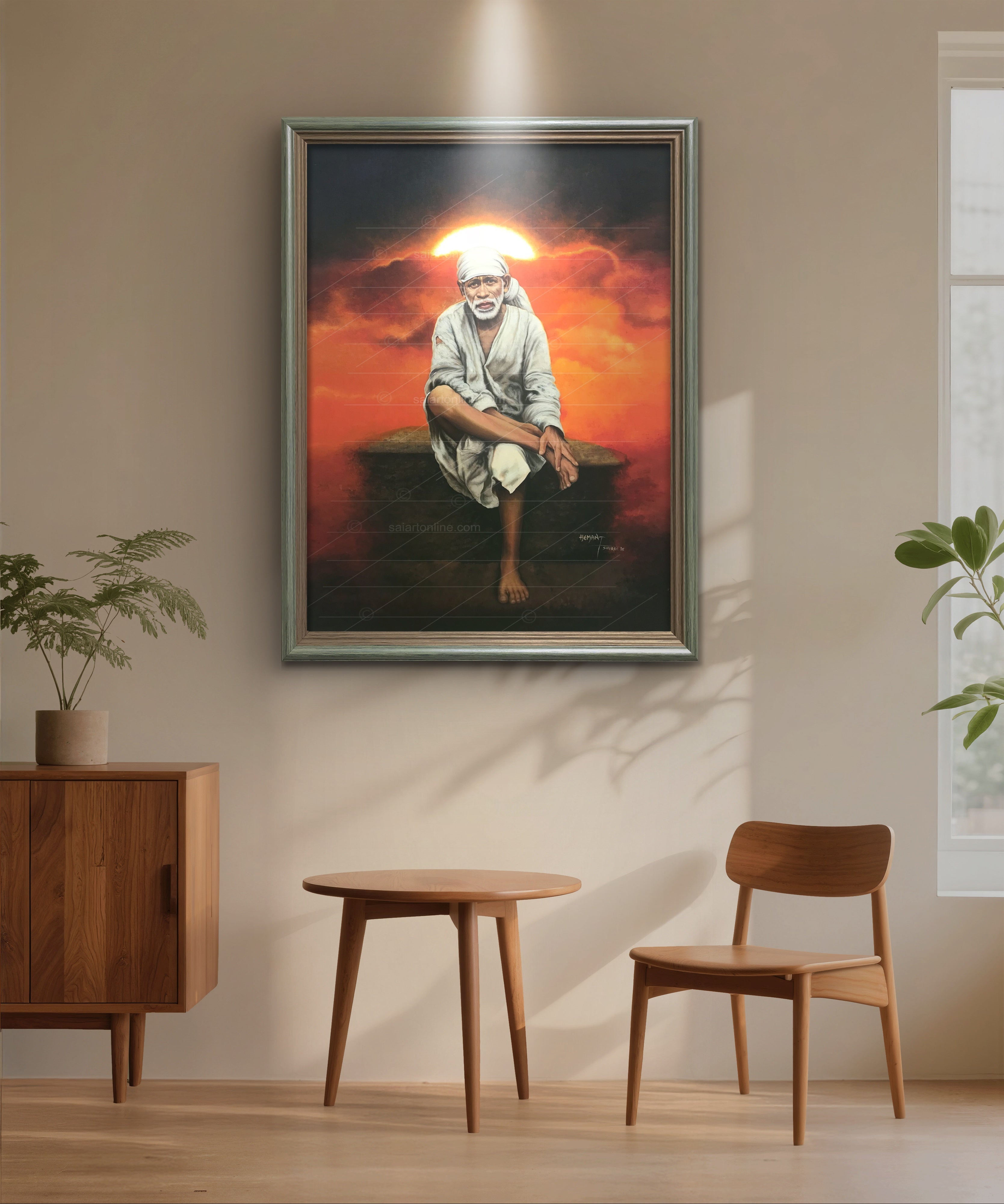 Shirdi Sai Baba Original Photo Sitting on Stone Canvas Painting | UV Coated Waterproof HD Wall Art by Hemant Art
