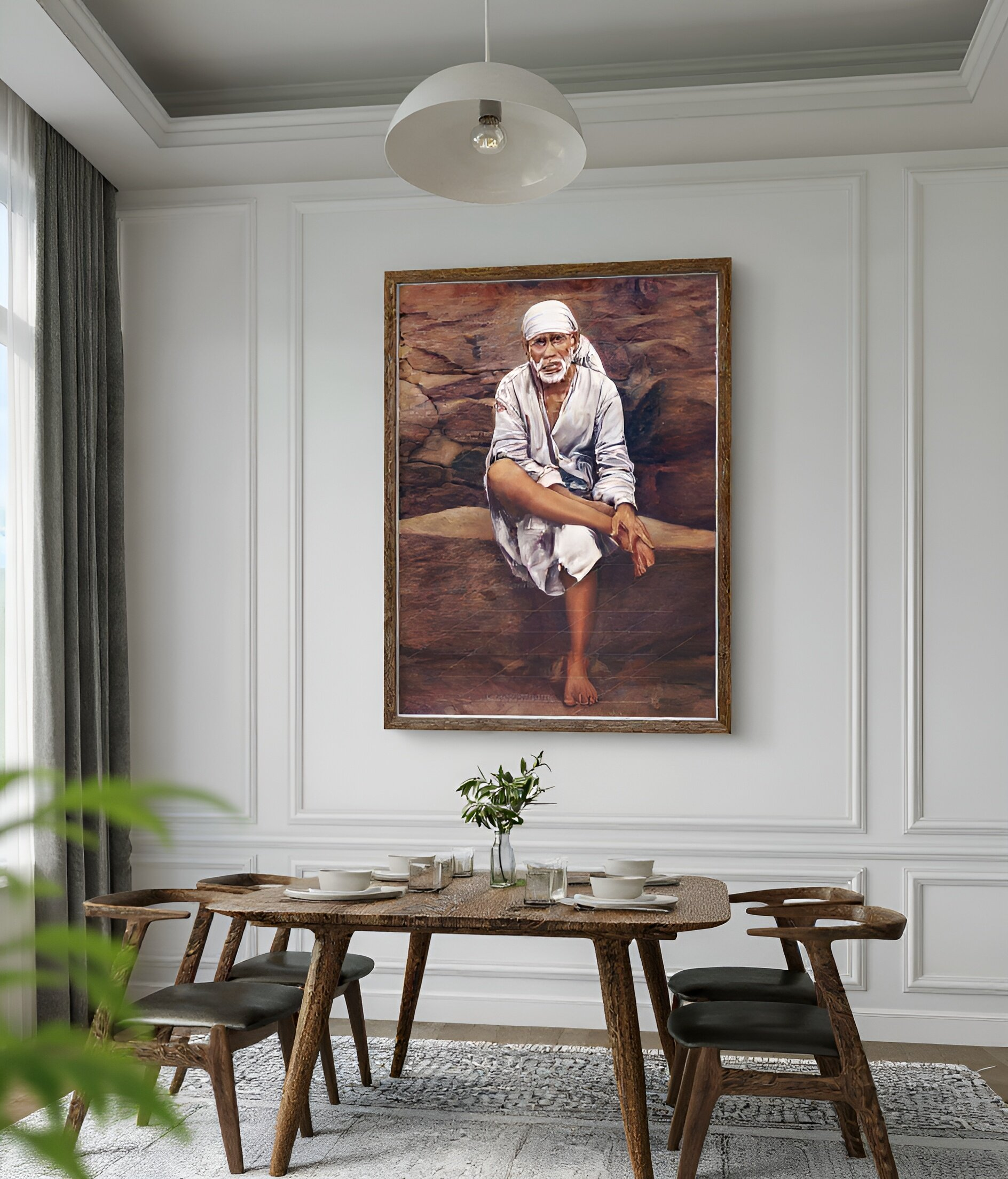 Shirdi Sai Baba Original Photo Sitting on Stone Canvas Painting | UV Coated Waterproof HD Wall Art by Hemant Art