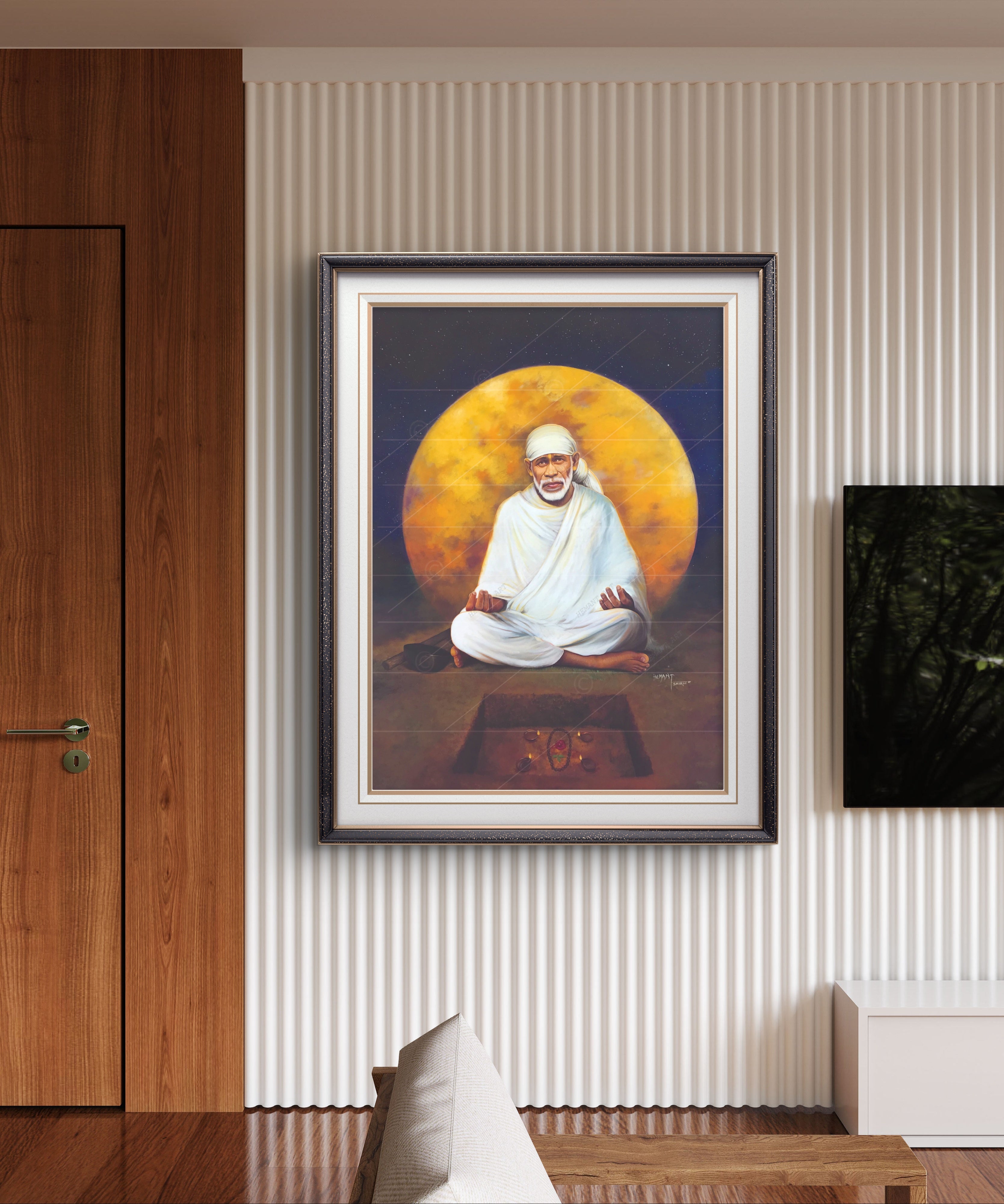 Hemant art Shirdi Sai Baba Meditation Photo Frame Canvas Painting Canvas Wall Art – Spiritual Home Decor for Puja Room & Meditation Space