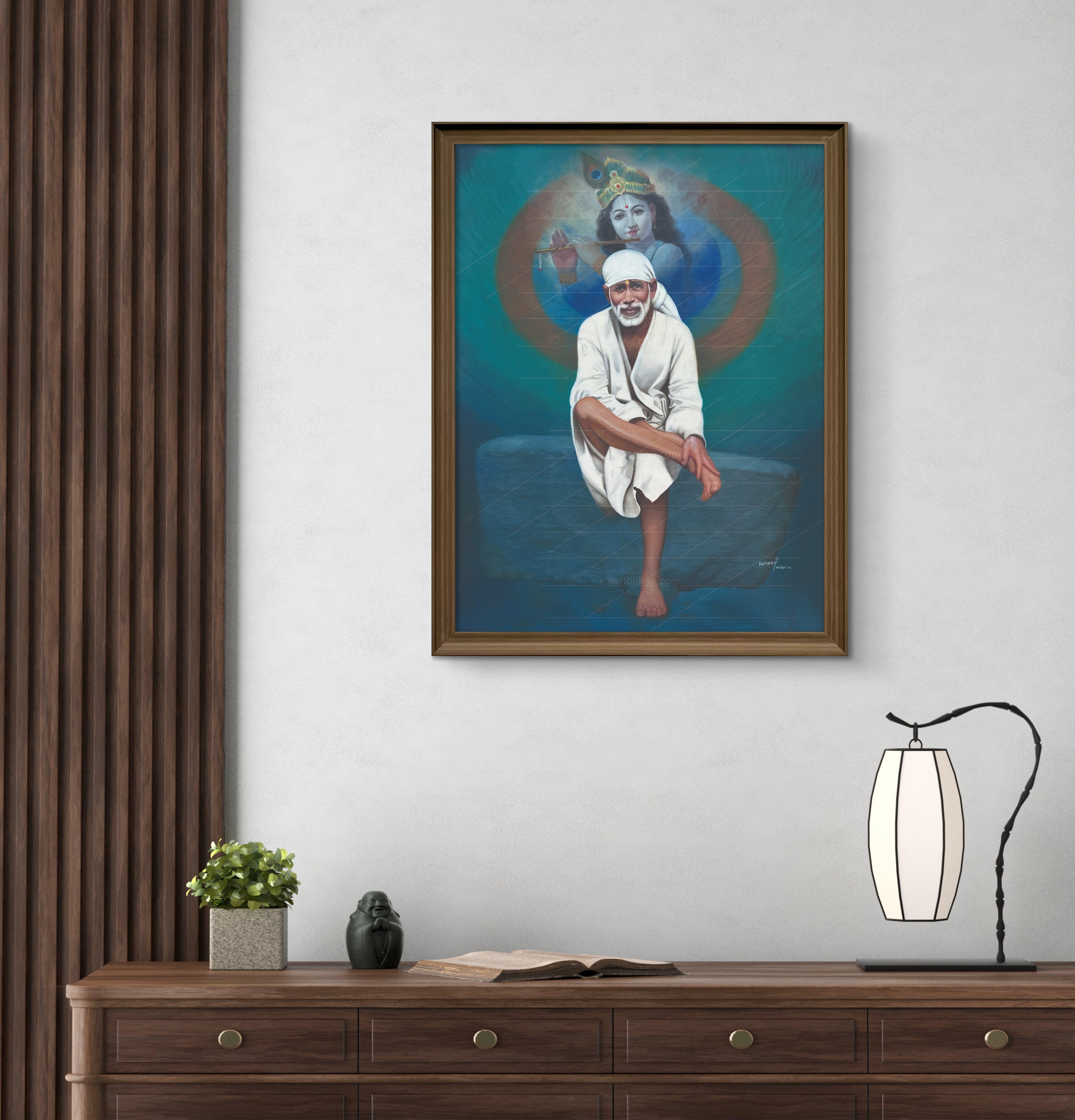 Shirdi Sai Baba Photo Sitting On Stone Hand Painting Canvas Reprint Wall Art Decor photo, Picture/Poster