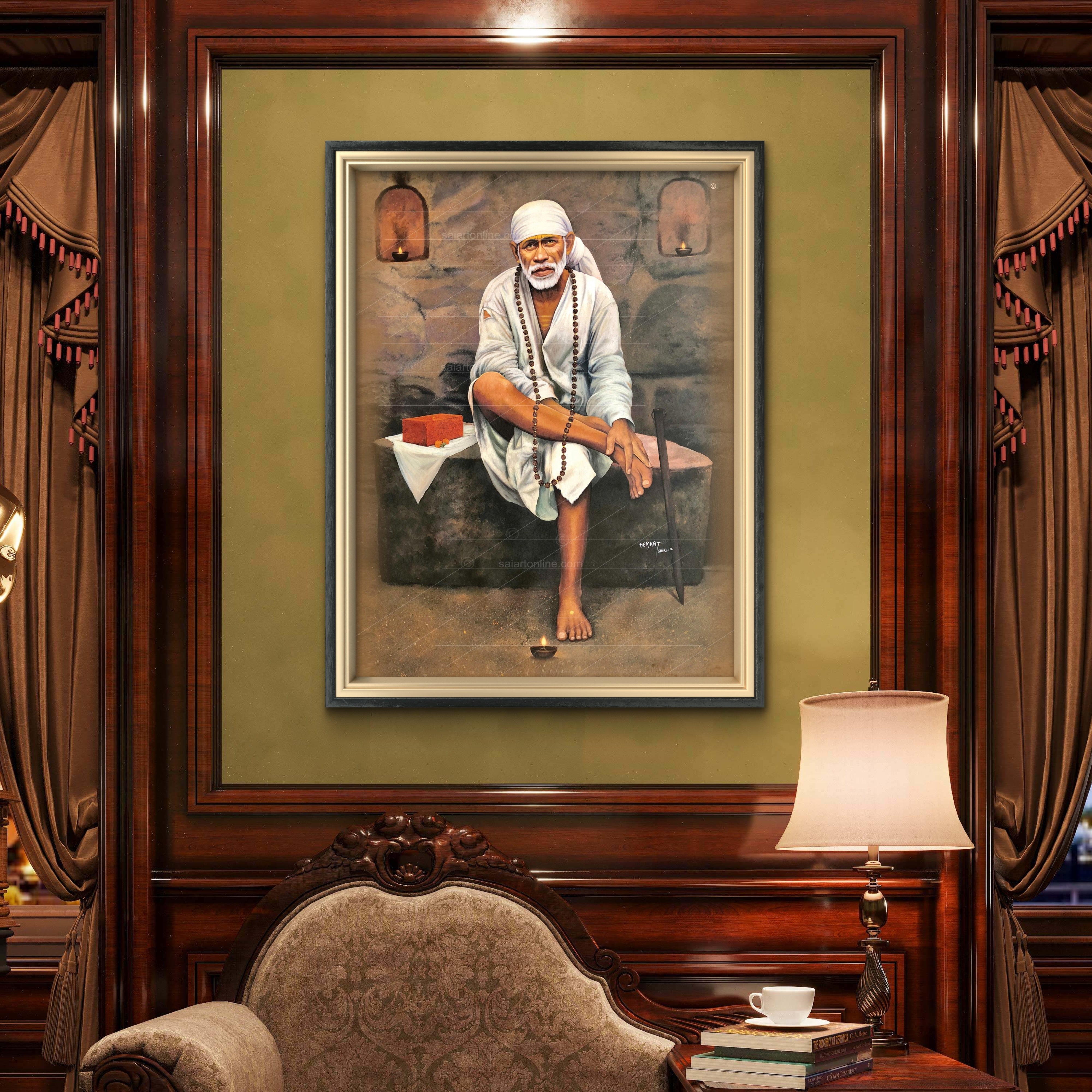 Shirdi Sai Baba Original Photo Sitting on Stone Canvas Painting | UV Coated Waterproof HD Wall Art by Hemant Art