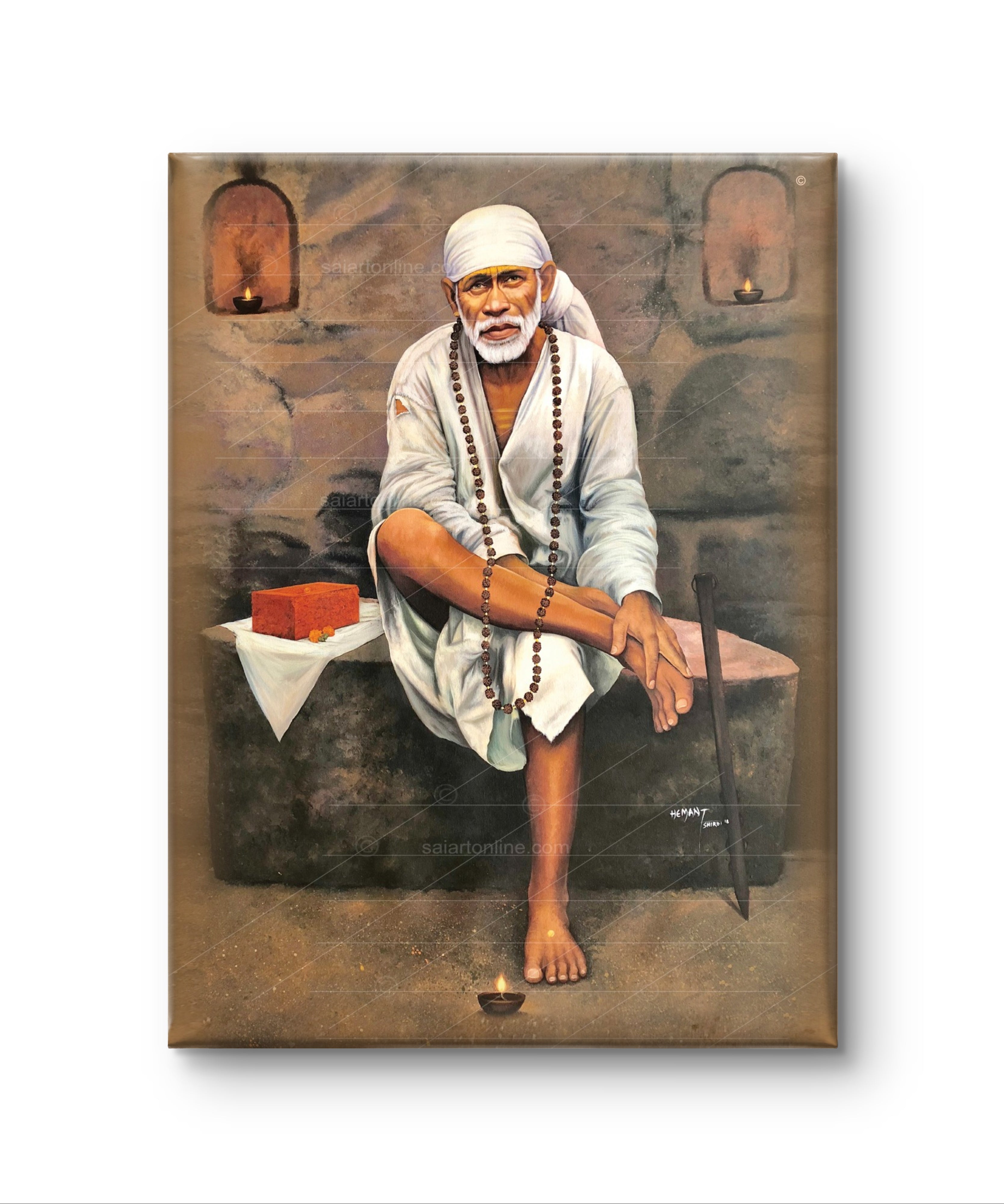 Shirdi Sai Baba Original Photo Sitting on Stone Canvas Painting | UV Coated Waterproof HD Wall Art by Hemant Art