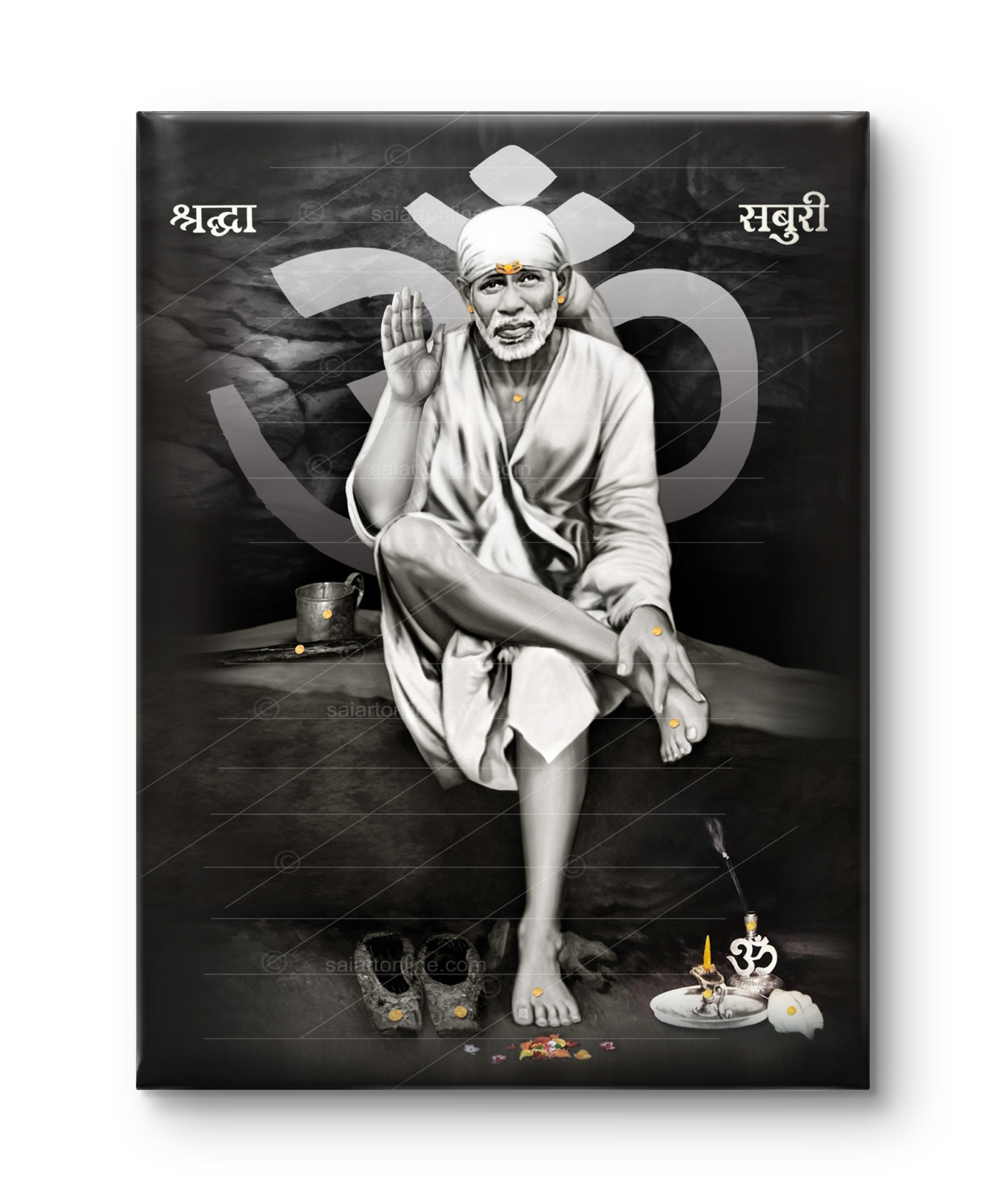 Shirdi Sai Baba Original Photo Sitting on Stone Canvas Painting | UV Coated Waterproof HD Wall Art by Hemant Art