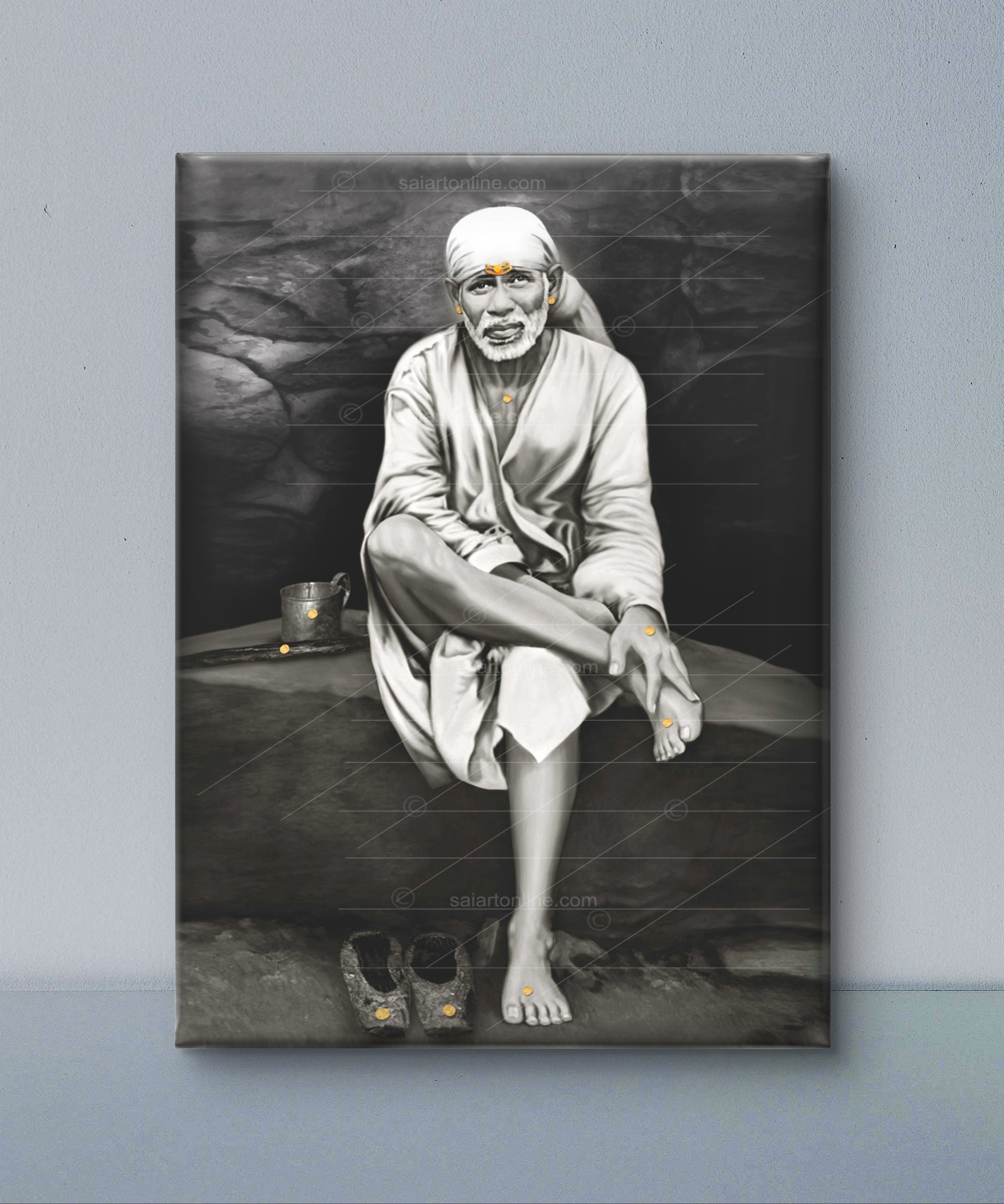 Shirdi Sai Baba Photo Sitting On Stone Hand Painting Canvas Reprint Wall Art Decor photo, Picture/Poster