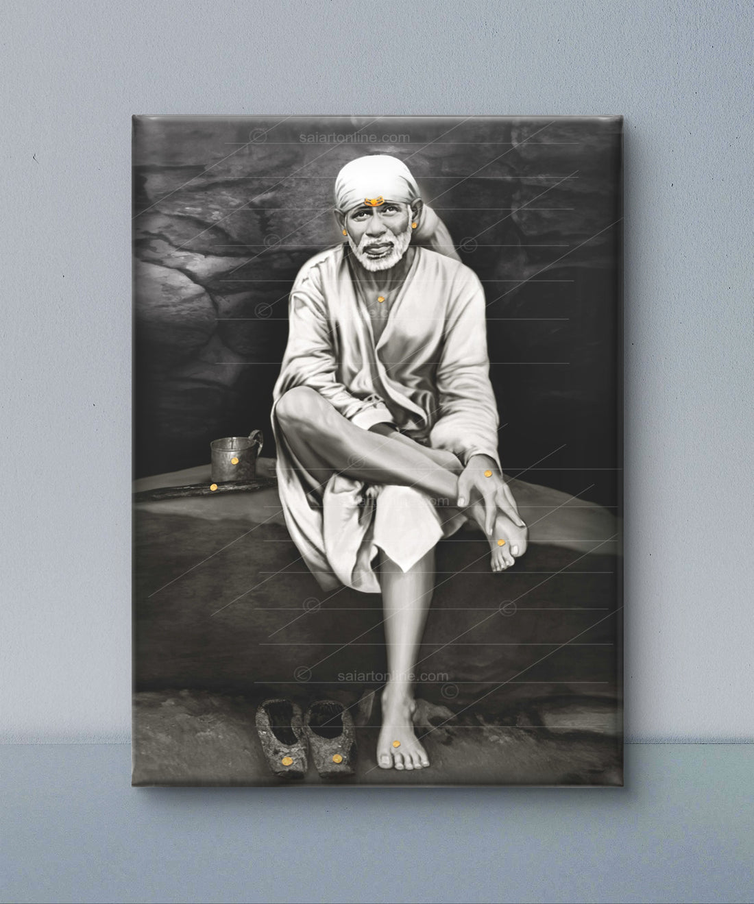 Saibaba on Stone Canvas Print, Black & White Hemant Art