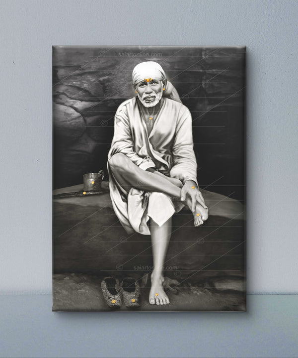Saibaba on Stone Canvas Print, Black & White Hemant Art