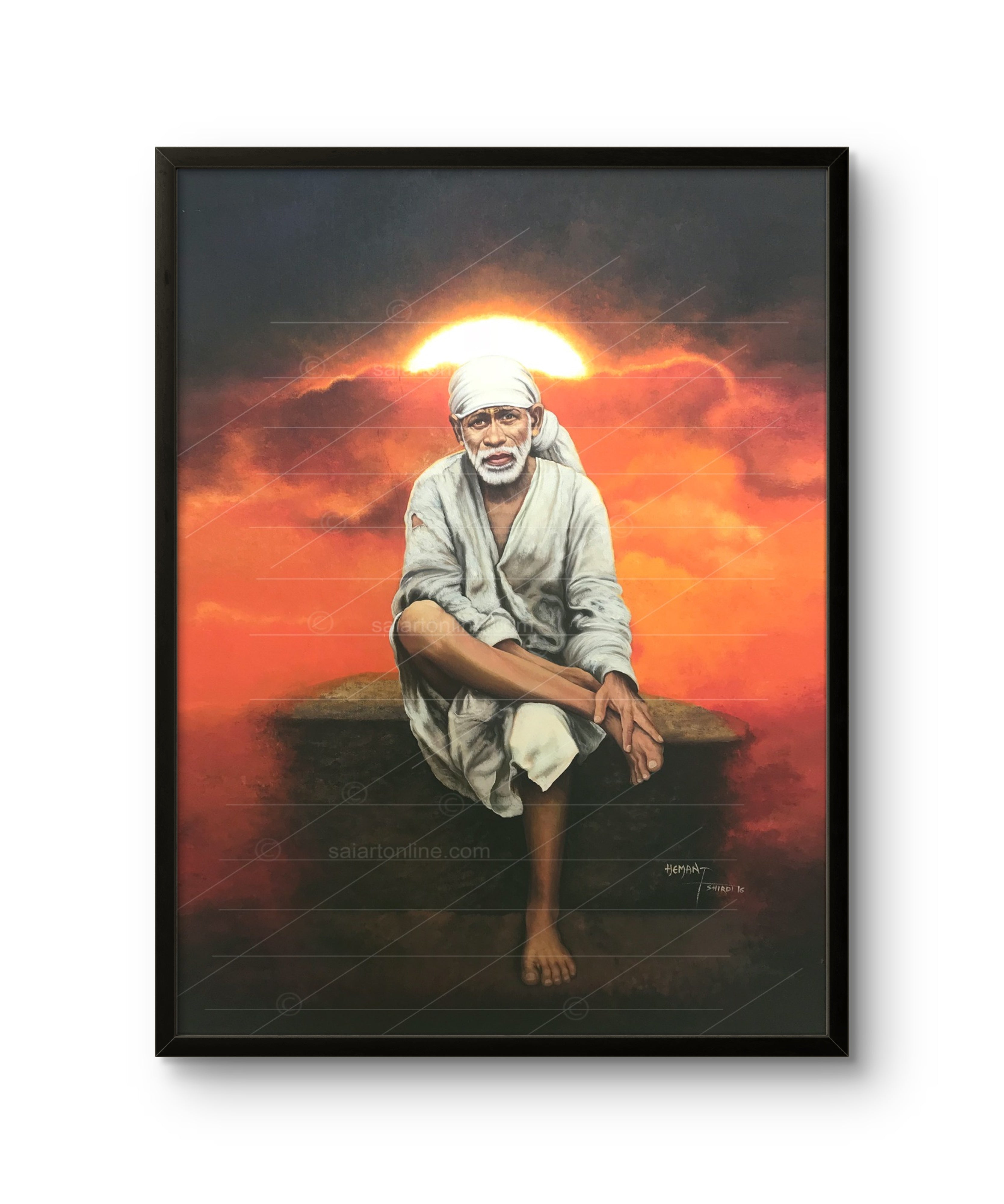 Shirdi Sai Baba Original Photo Sitting on Stone Canvas Painting | UV Coated Waterproof HD Wall Art by Hemant Art