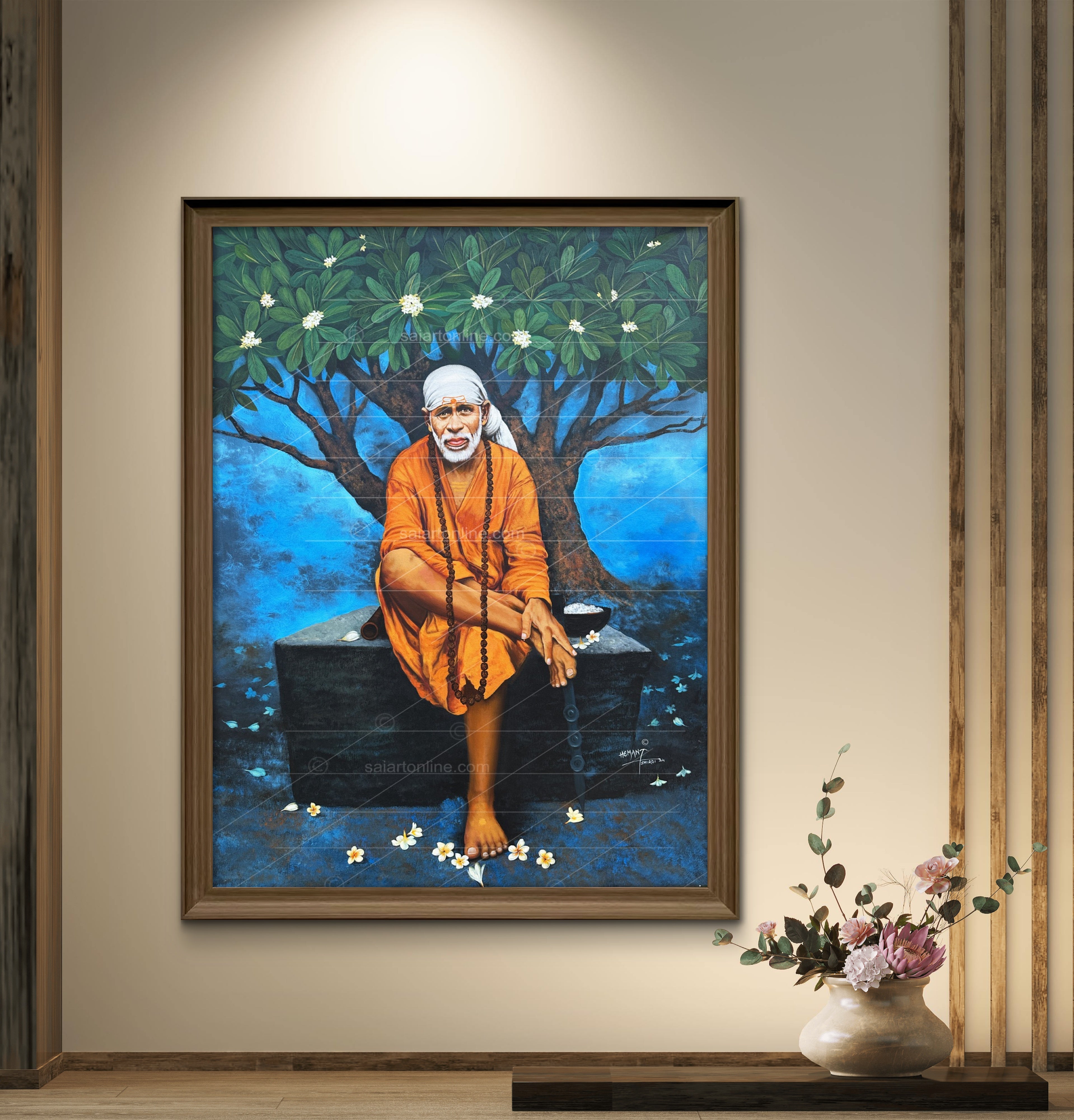 Shirdi Sai Baba Original Photo Sitting on Stone Canvas Painting | UV Coated Waterproof HD Wall Art by Hemant Art