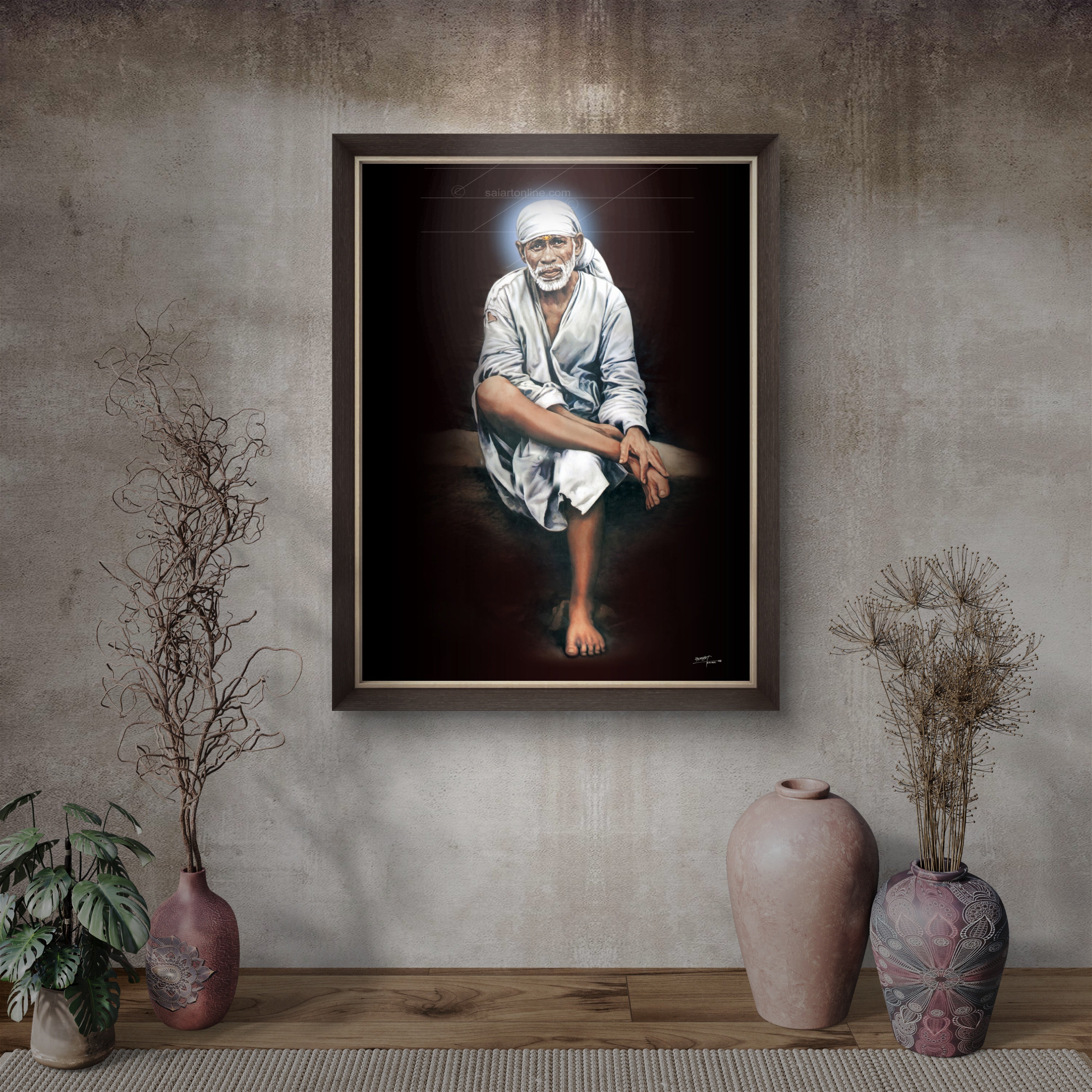 Shirdi Sai Baba Original Photo Sitting on Stone Canvas Painting | UV Coated Waterproof HD Wall Art by Hemant Art