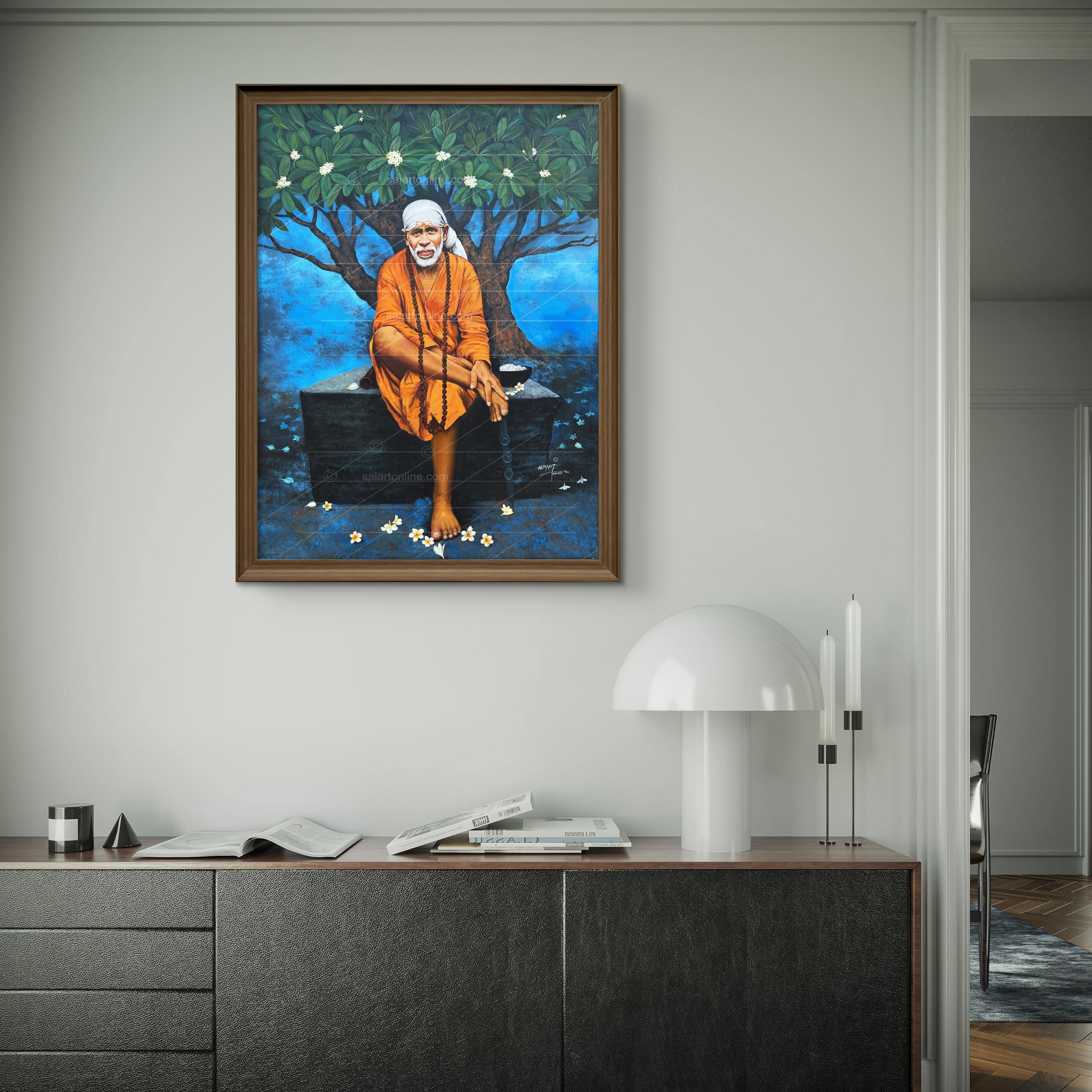 Shirdi Sai Baba Original Photo Sitting on Stone Canvas Painting | UV Coated Waterproof HD Wall Art by Hemant Art