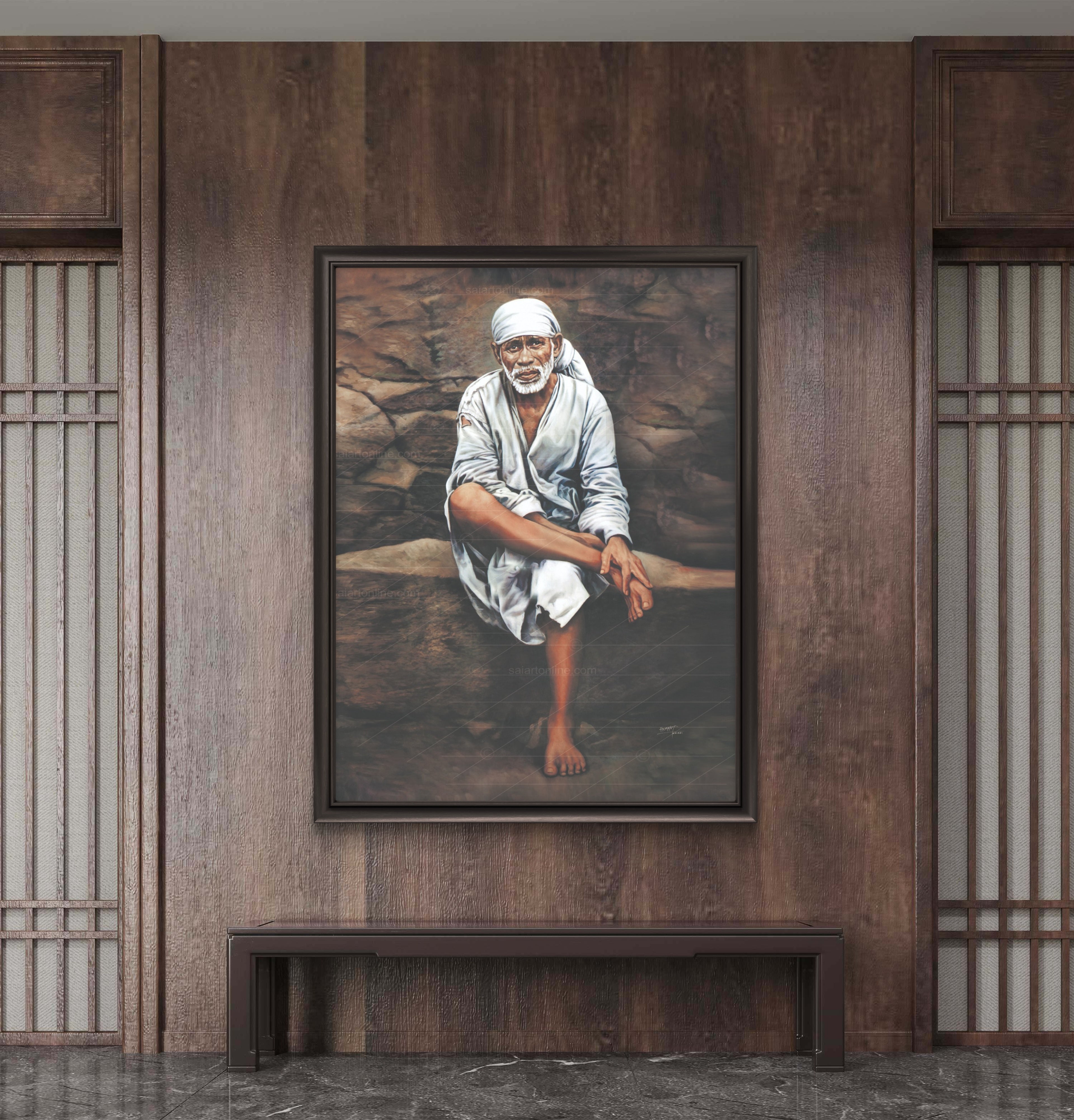 Shirdi Sai Baba Photo Sitting On Stone Hand Painting Canvas Reprint Wall Art Decor photo, Picture/Poster