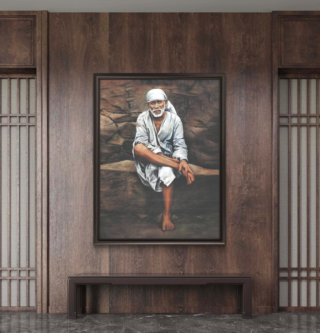 Sai Baba Original Photo Sitting on Stone Canvas Reprint | Hemant Art