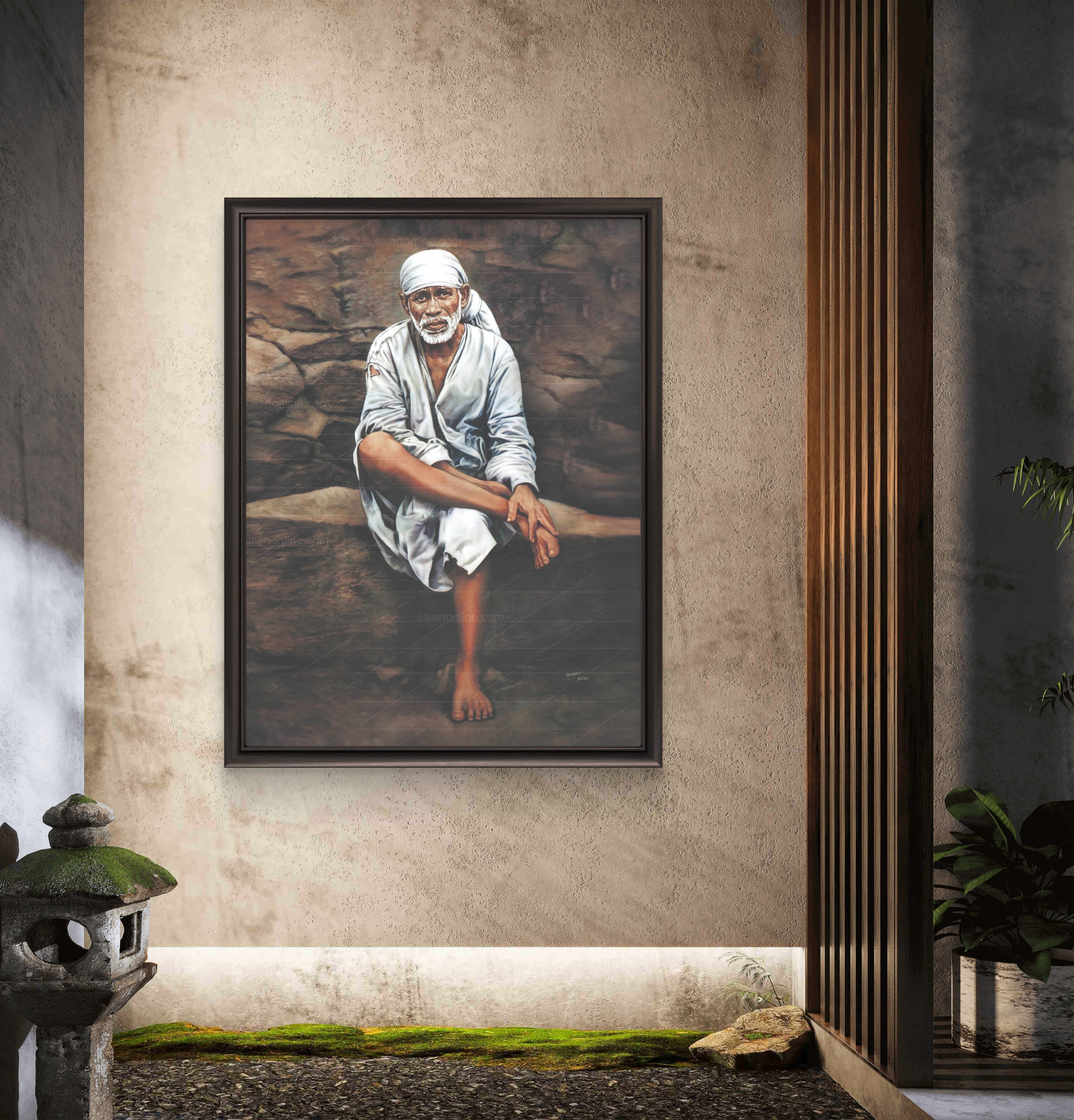 Shirdi Sai Baba Photo Sitting On Stone Hand Painting Canvas Reprint Wall Art Decor photo, Picture/Poster