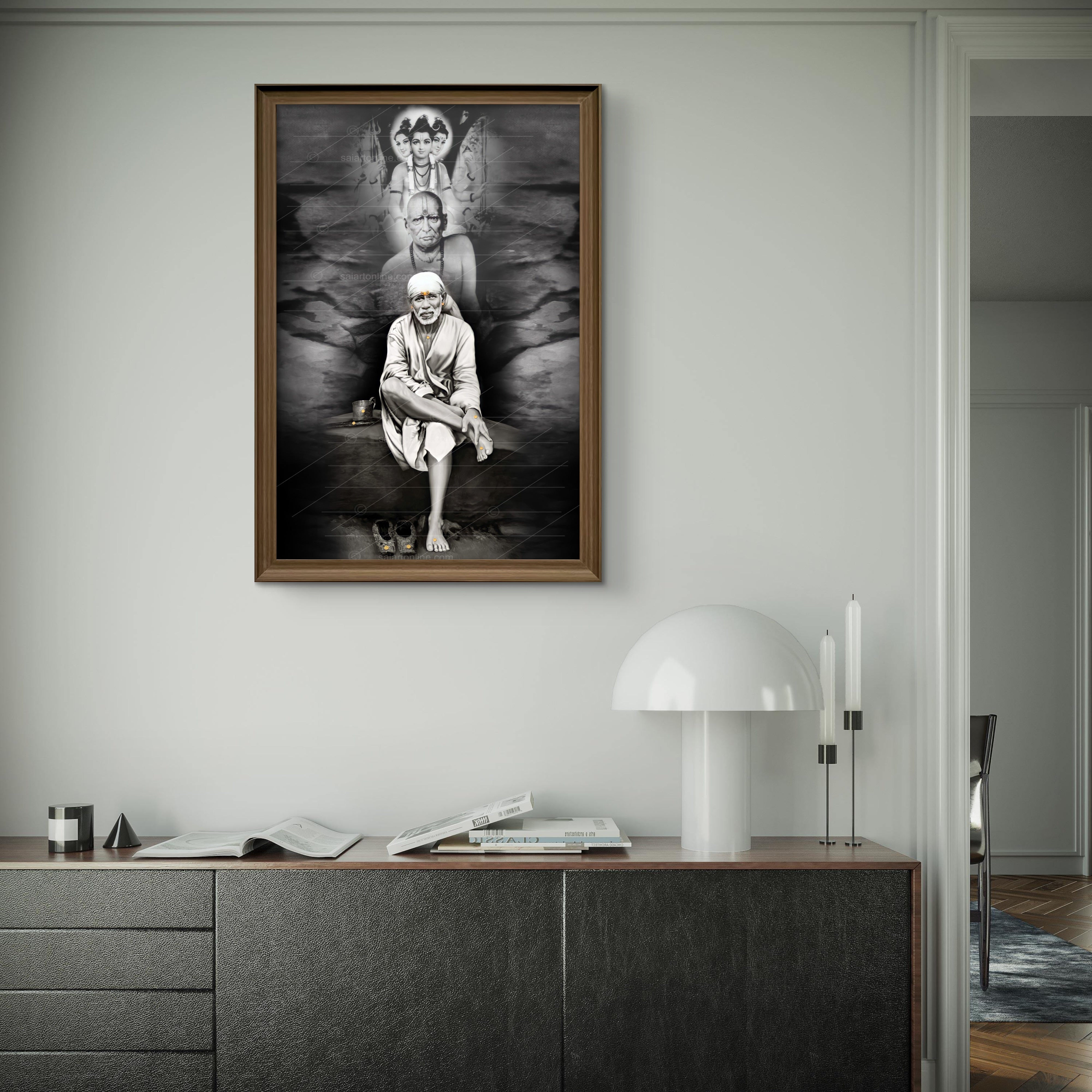 Shirdi Sai Baba Photo Sitting On Stone Hand Painting Canvas Reprint Wall Art Decor photo, Picture/Poster