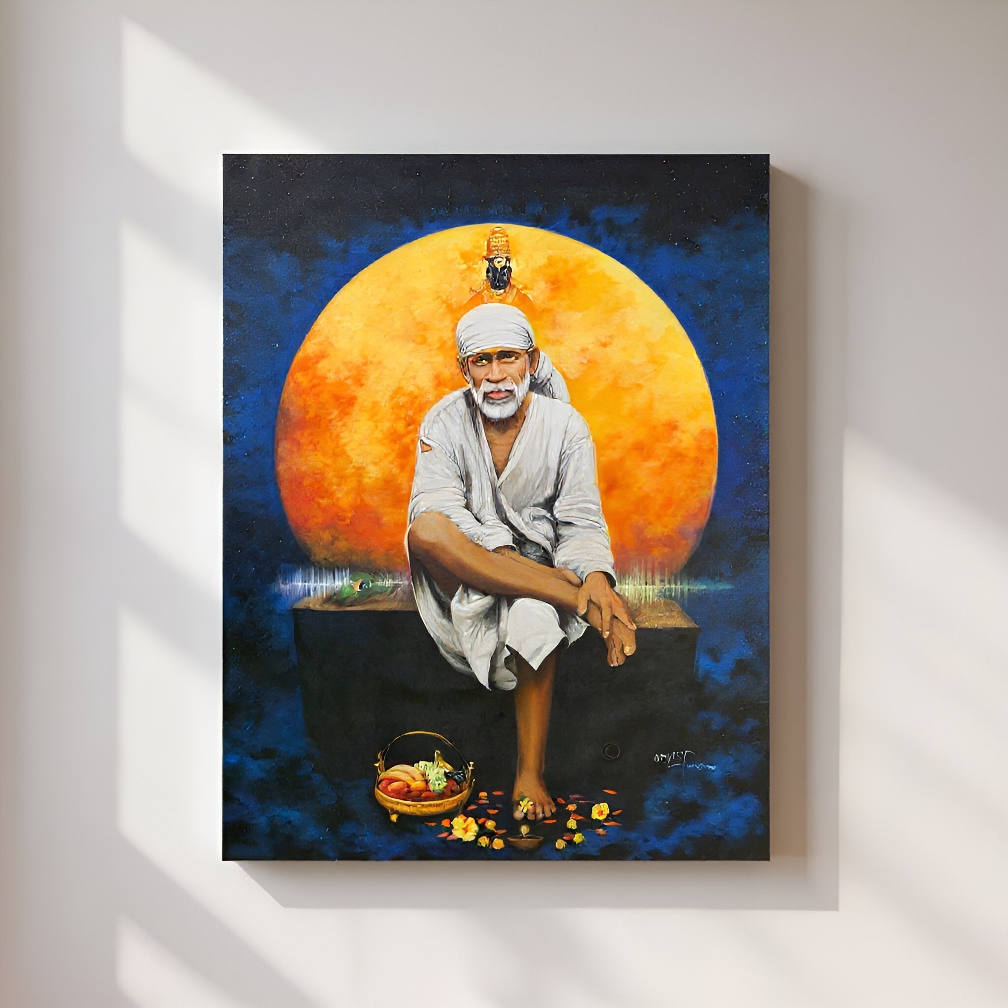 Shirdi Sai Baba Original Photo Sitting on Stone Canvas Painting | UV Coated Waterproof HD Wall Art by Hemant Art