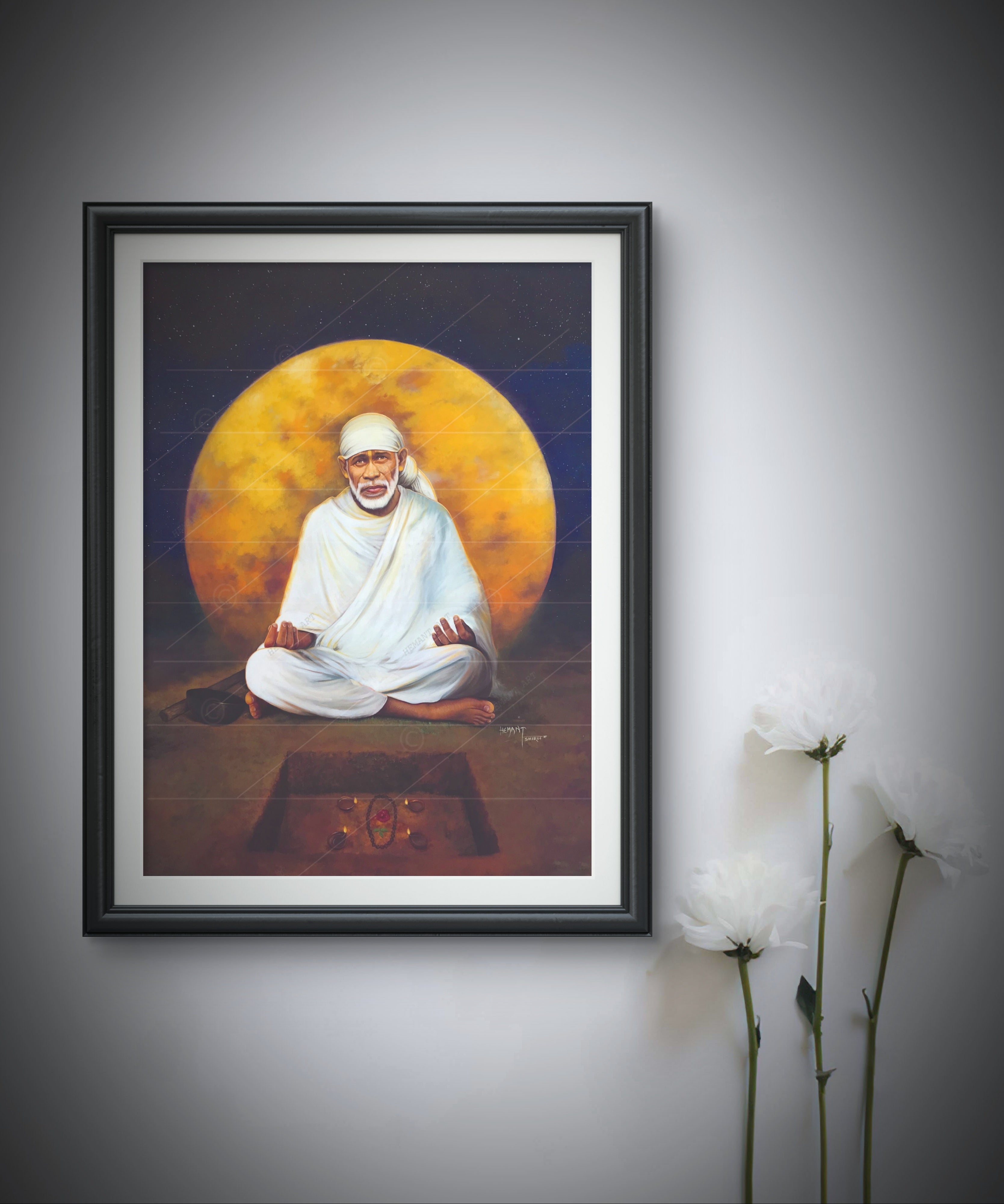 Hemant art Shirdi Sai Baba Meditation Photo Frame Canvas Painting Canvas Wall Art – Spiritual Home Decor for Puja Room & Meditation Space