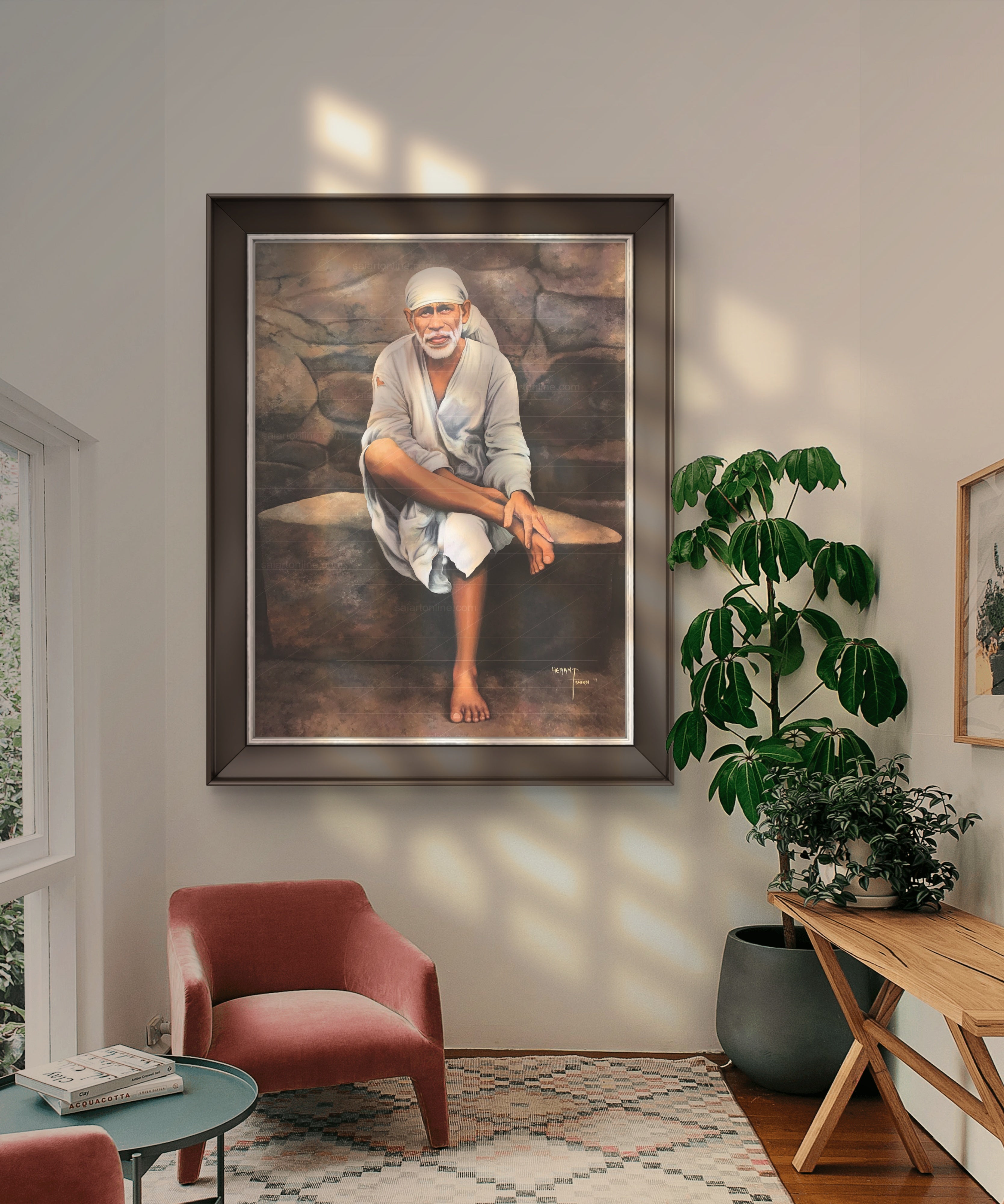 Shirdi Sai Baba Original Photo Sitting on Stone Canvas Painting | UV Coated Waterproof HD Wall Art by Hemant Art