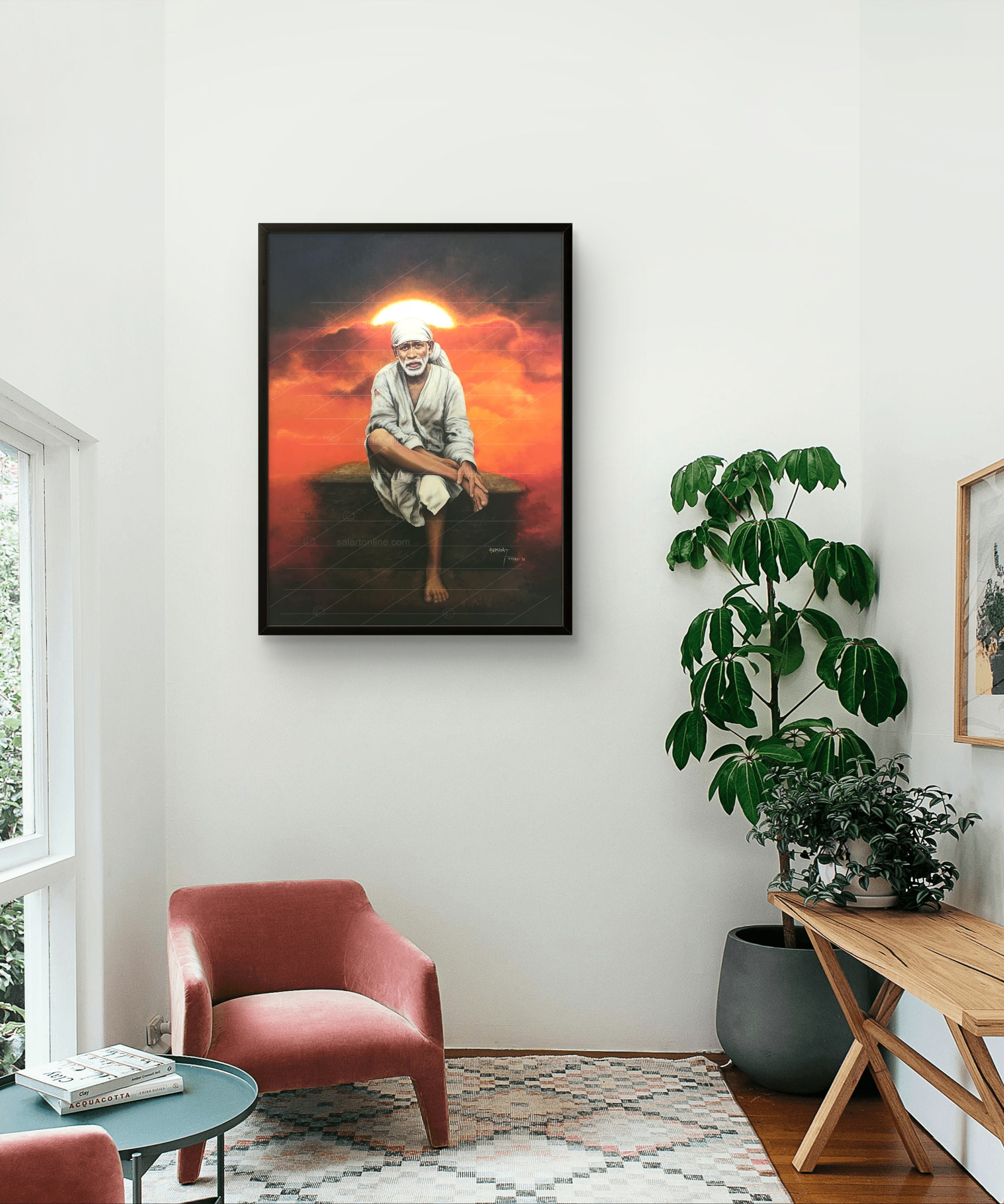 Shirdi Sai Baba Original Photo Sitting on Stone Canvas Painting | UV Coated Waterproof HD Wall Art by Hemant Art