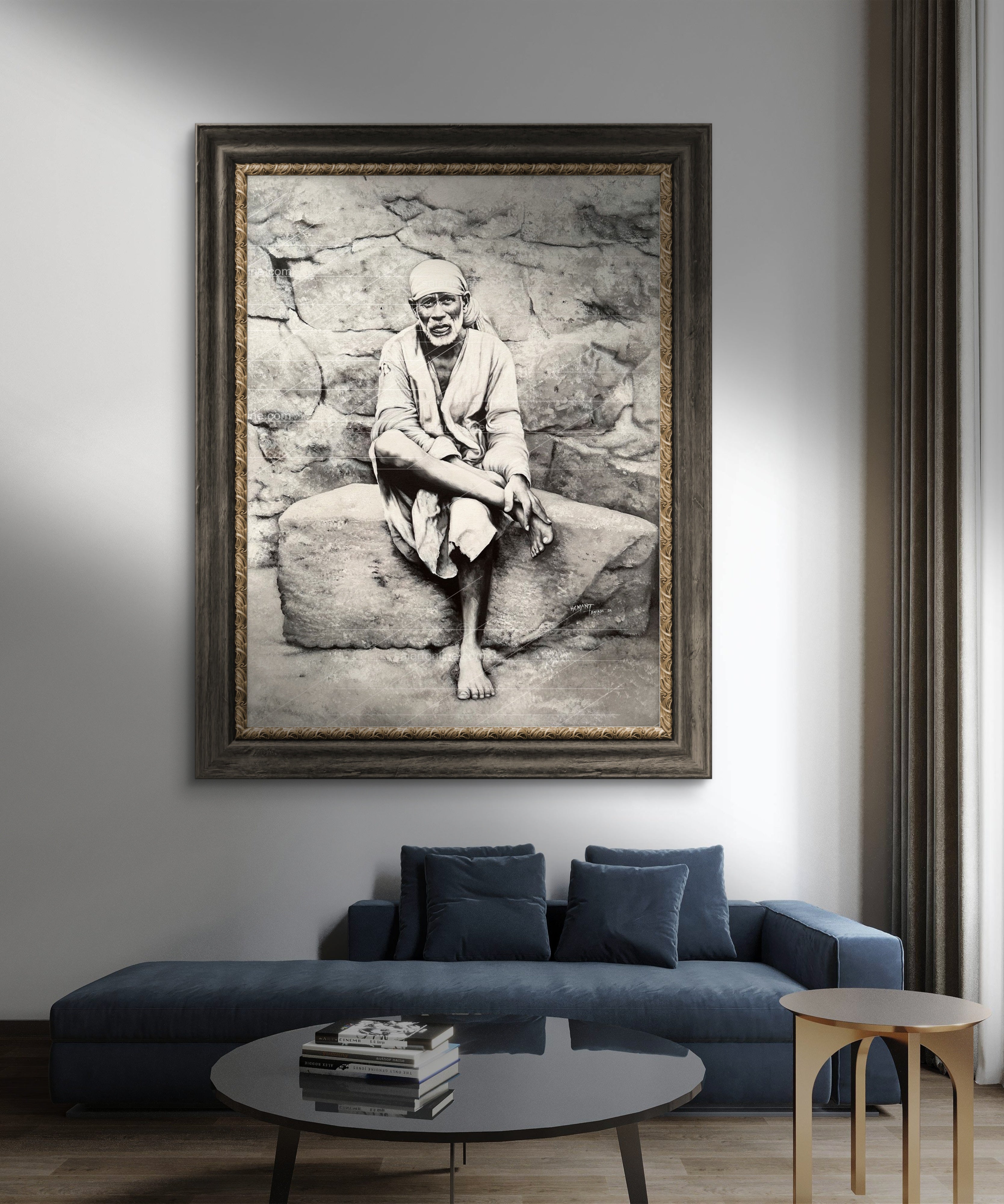 Shirdi Sai Baba Original Photo Sitting on Stone Canvas Painting | UV Coated Waterproof HD Wall Art by Hemant Art