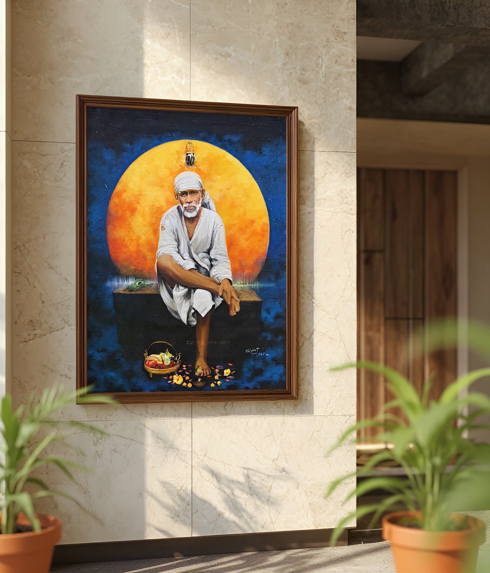 Shirdi Sai Baba Original Photo Sitting on Stone Canvas Painting | UV Coated Waterproof HD Wall Art by Hemant Art