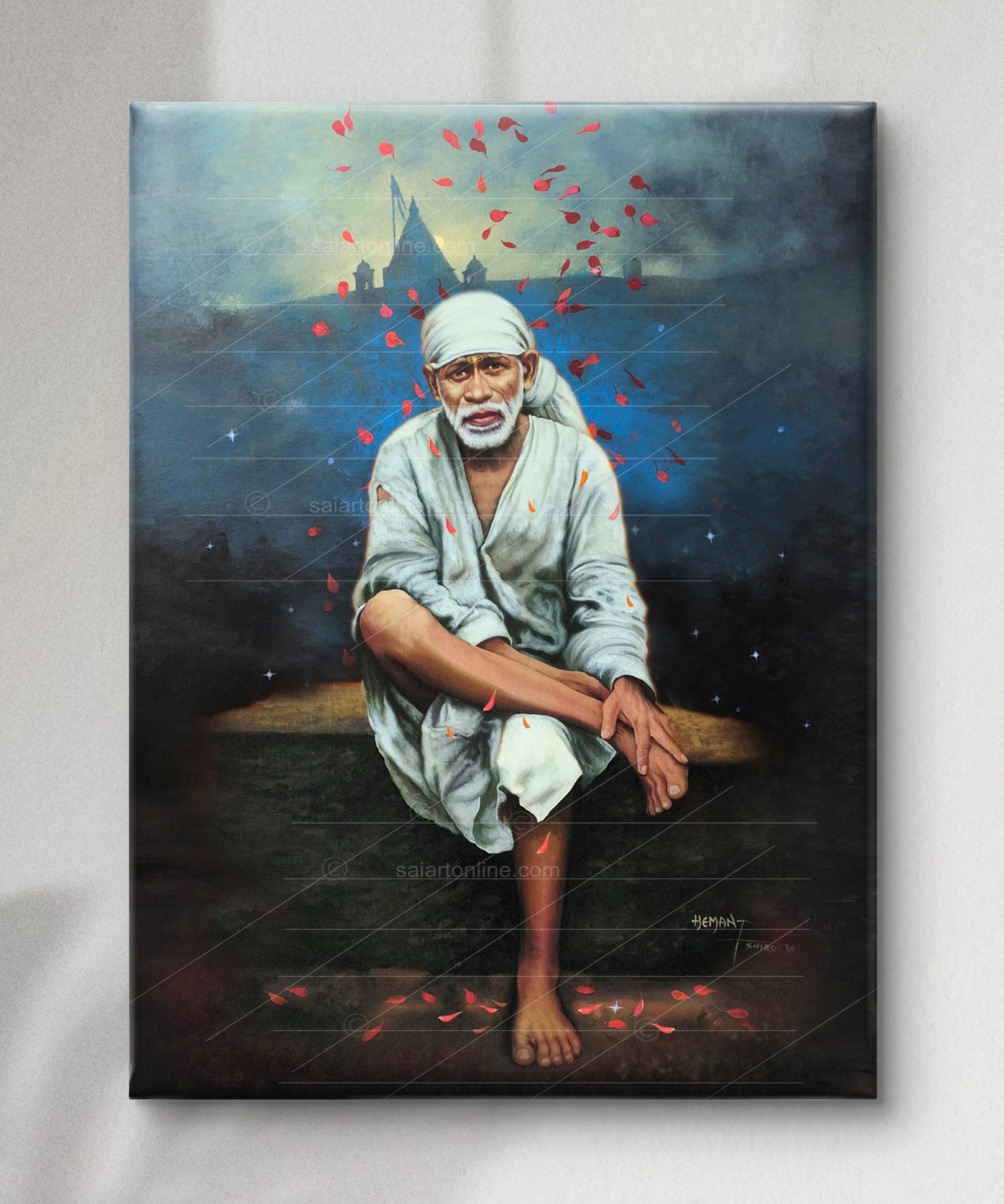 Shirdi Sai Baba Photo Sitting On Stone Hand Painting Canvas Reprint Wall Art Decor photo, Picture/Poster