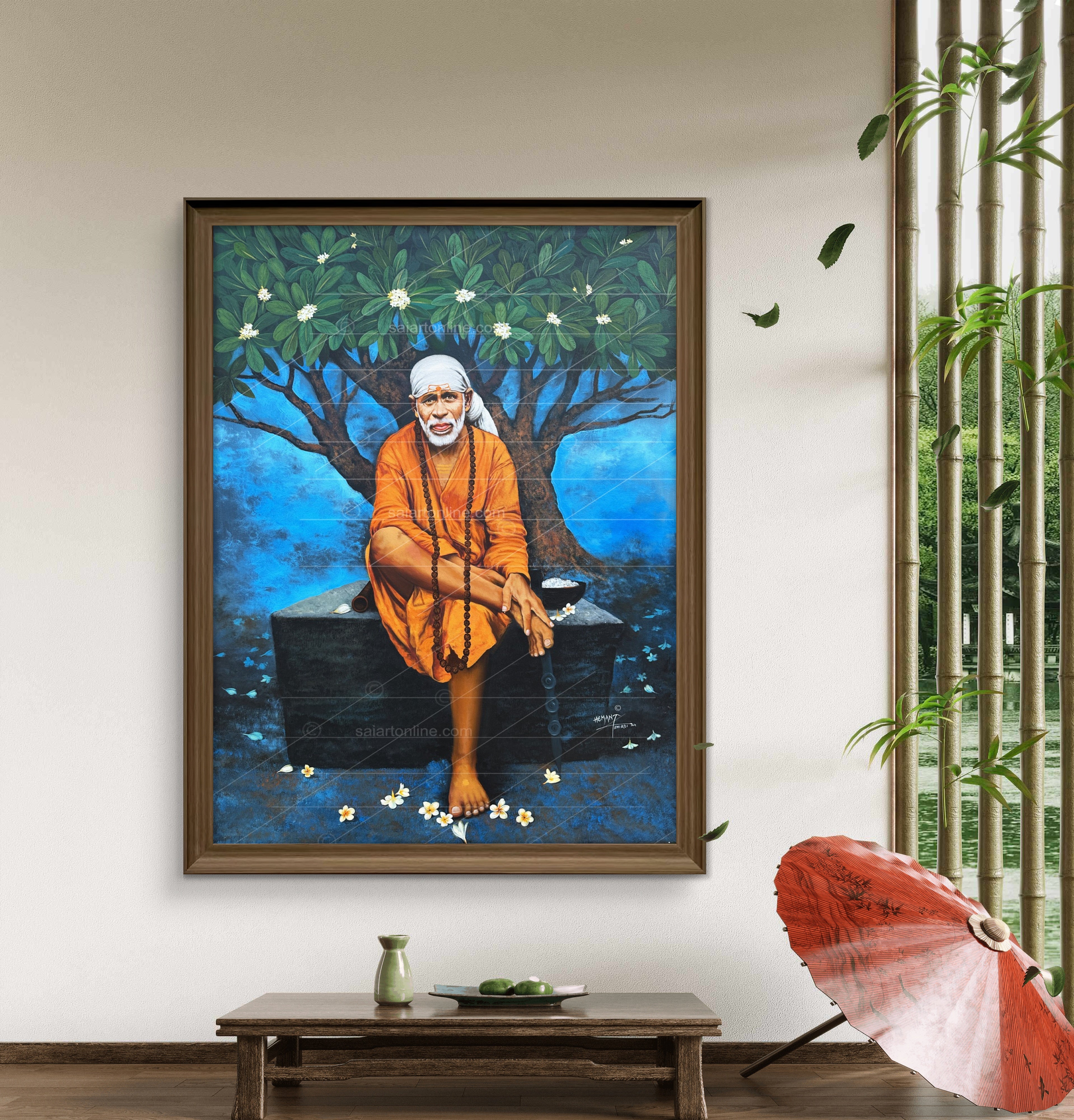 Shirdi Sai Baba Original Photo Sitting on Stone Canvas Painting | UV Coated Waterproof HD Wall Art by Hemant Art