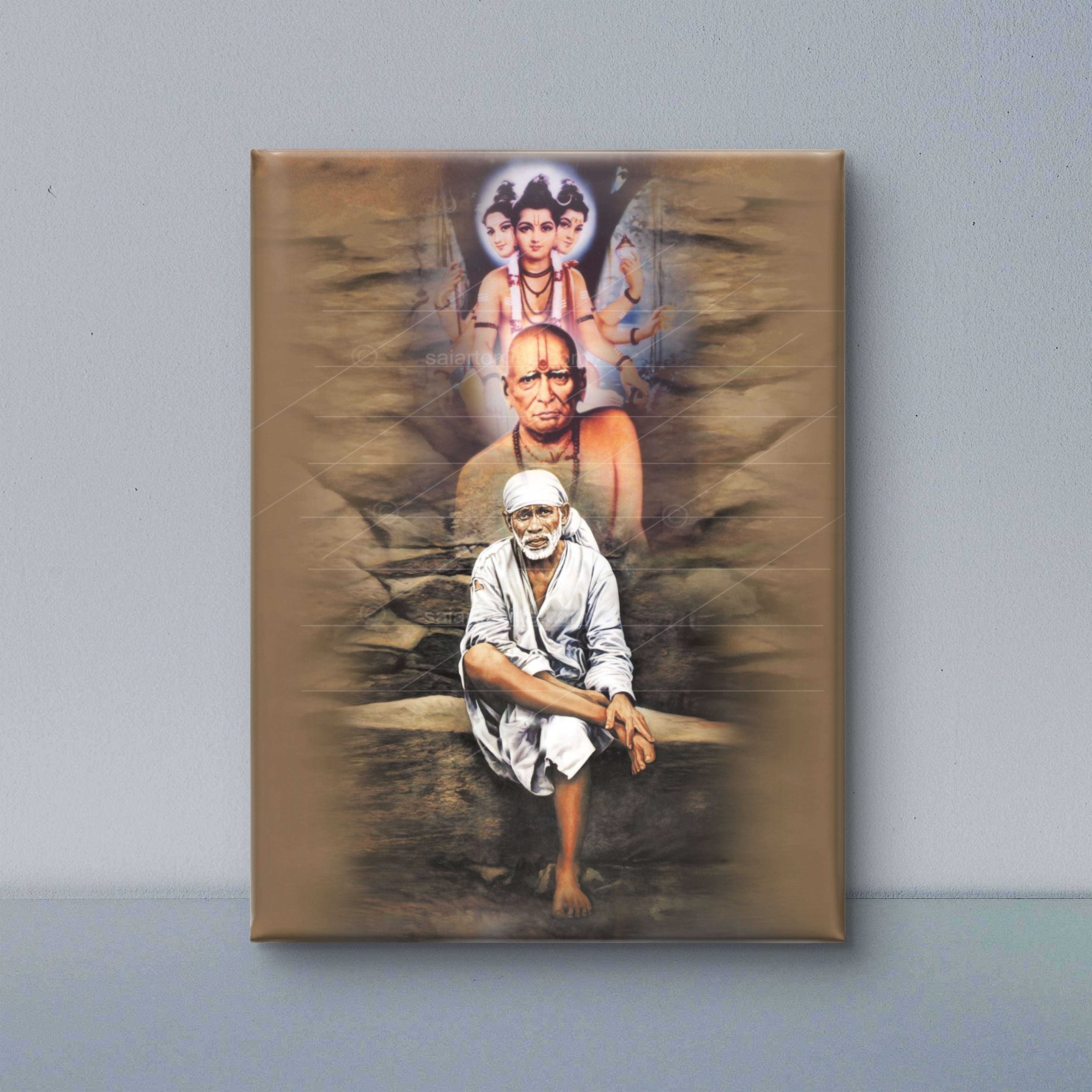 Shirdi Sai Baba Sitting on Stone – Hand Painting Canvas Reprint Wall Art Decor