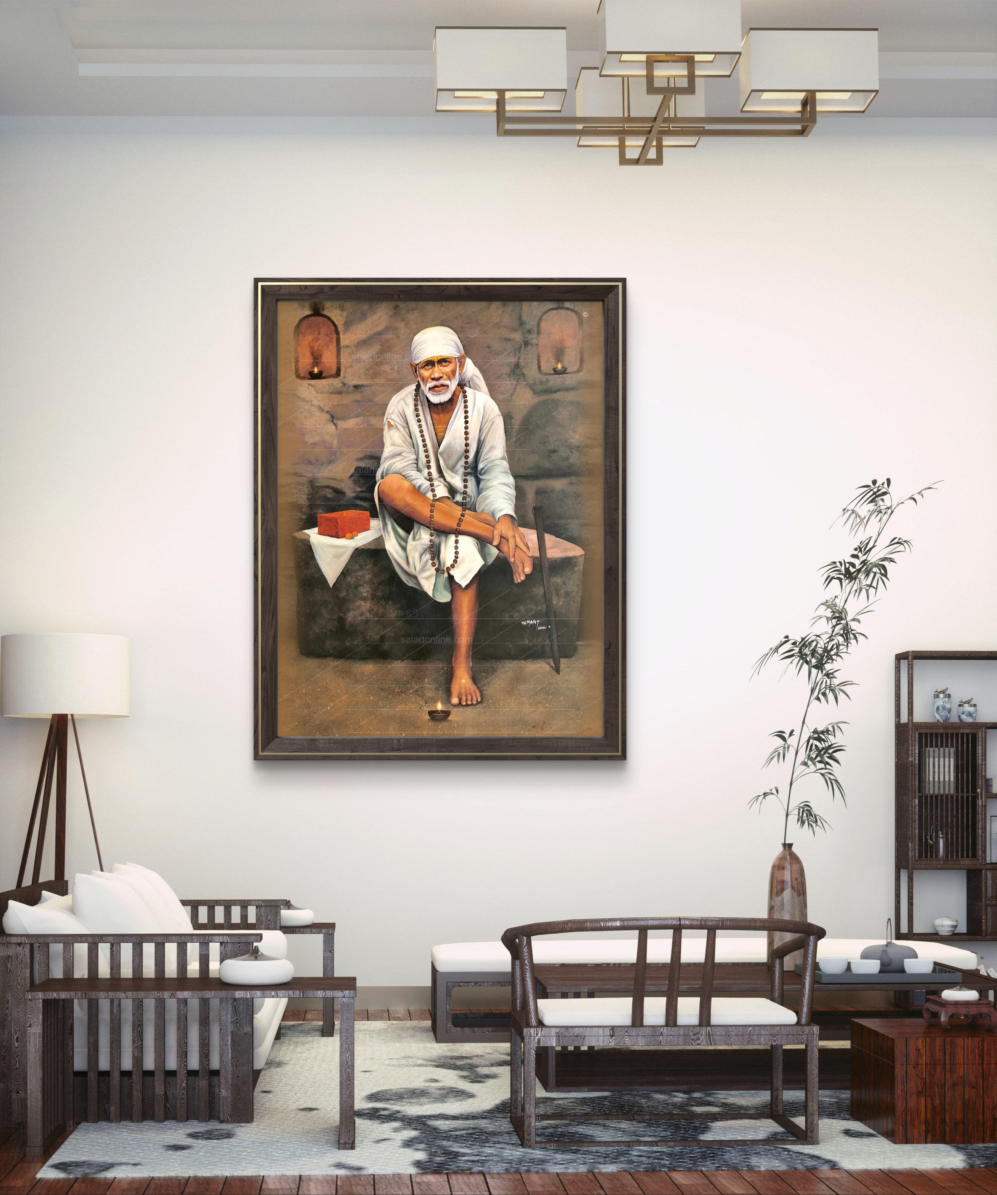 Shirdi Sai Baba Original Photo Sitting on Stone Canvas Painting | UV Coated Waterproof HD Wall Art by Hemant Art
