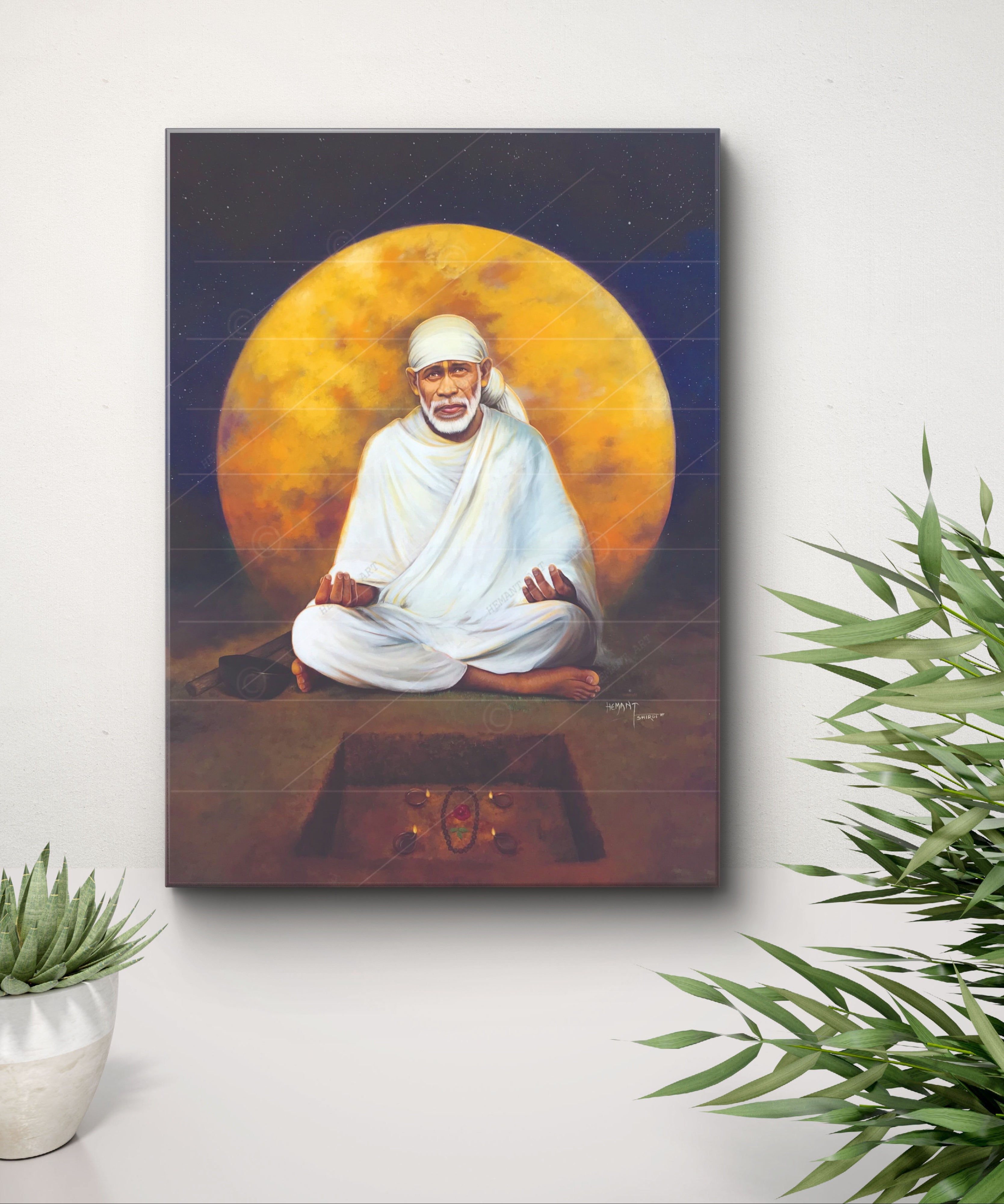 Hemant art Shirdi Sai Baba Meditation Photo Frame Canvas Painting Canvas Wall Art – Spiritual Home Decor for Puja Room & Meditation Space