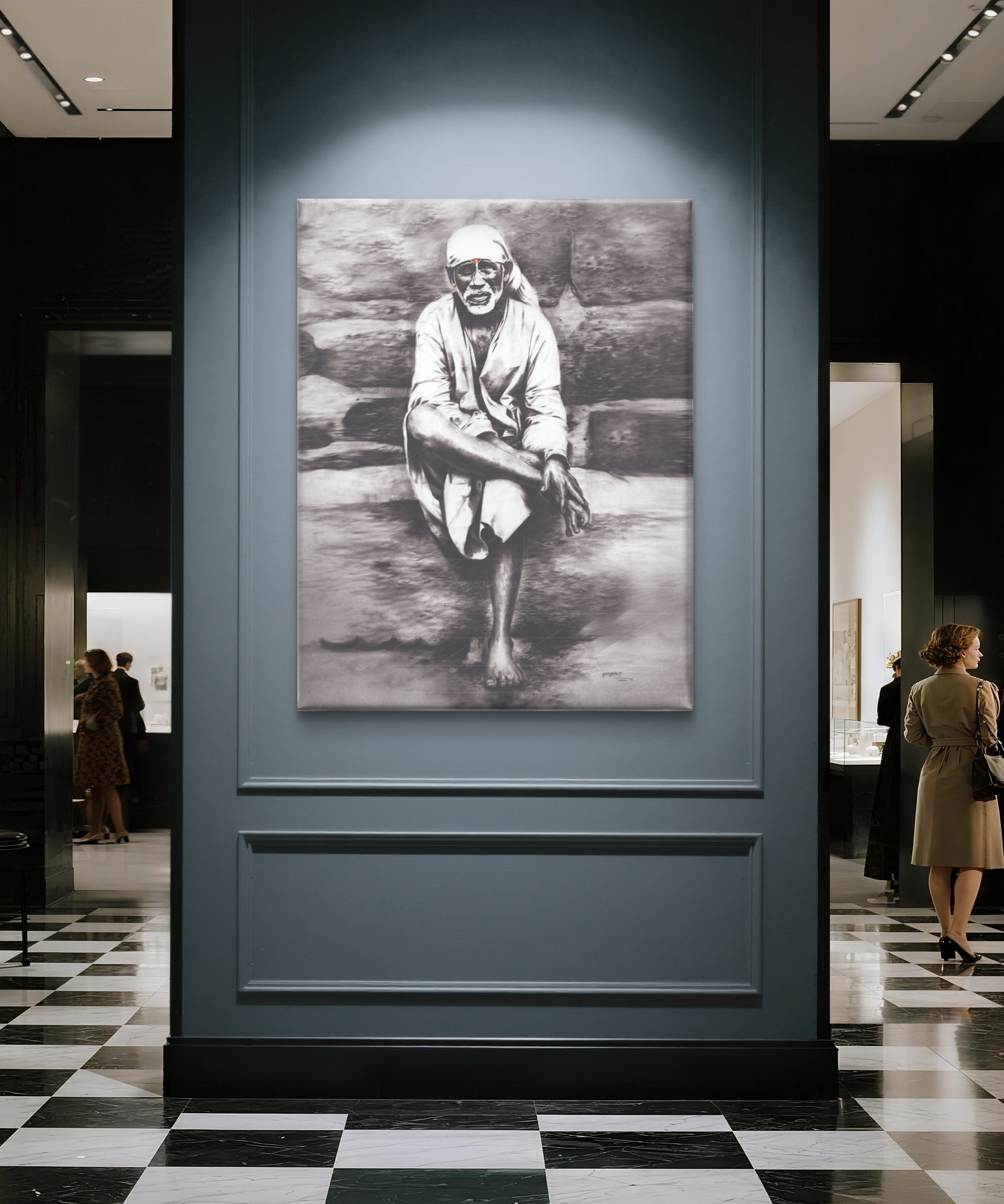 Shirdi Sai Baba Original Photo Sitting on Stone Canvas Painting | UV Coated Waterproof HD Wall Art by Hemant Art