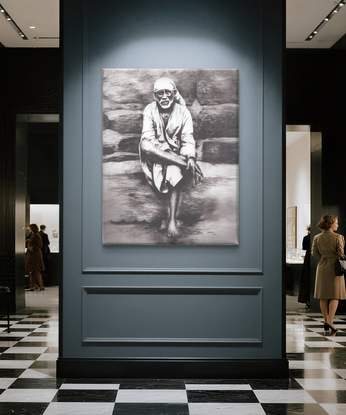 Sai Baba Original Photo Sitting on Stone Canvas Painting | Hemant Art