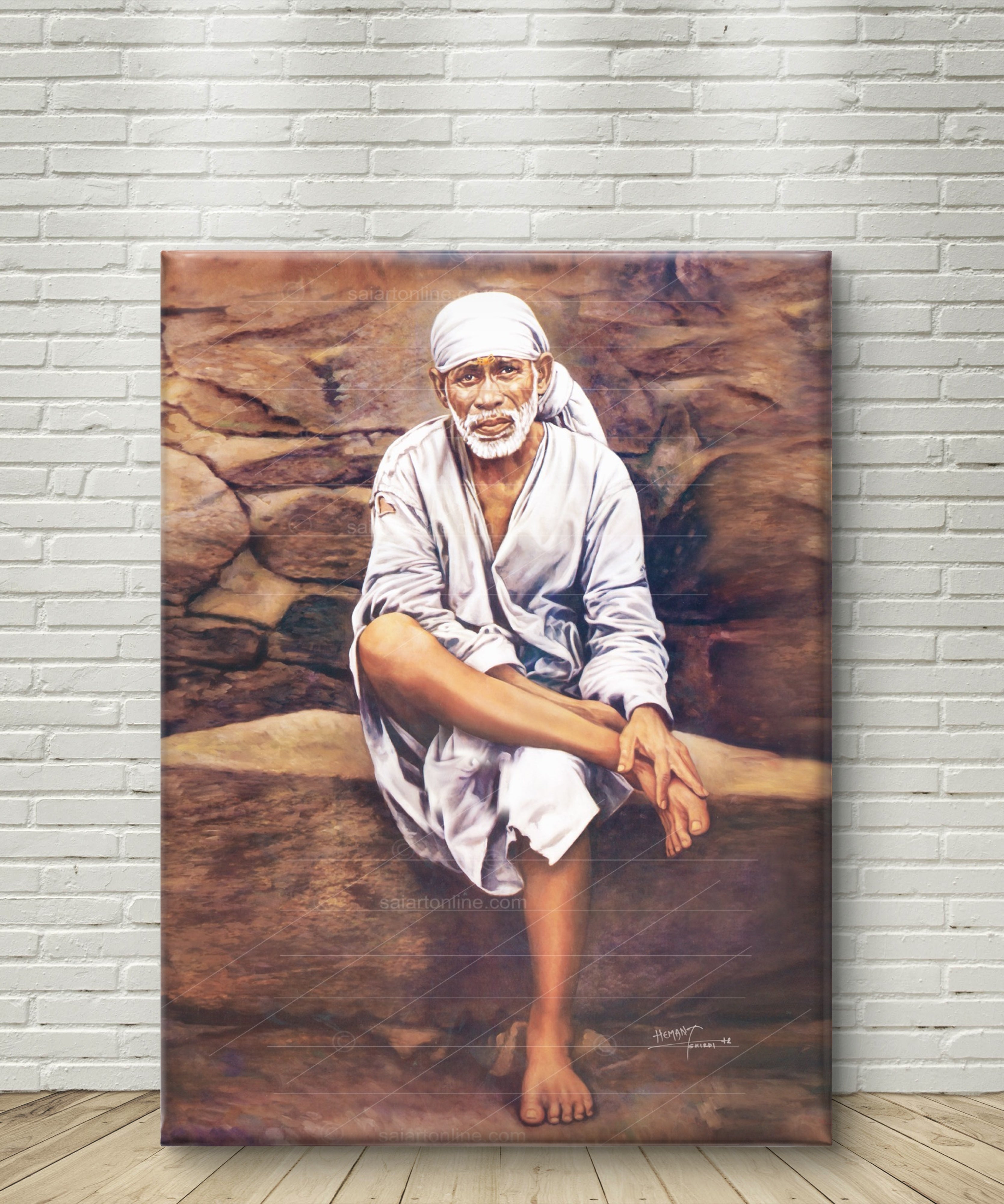 Shirdi Sai Baba Original Photo Sitting on Stone Canvas Painting | UV Coated Waterproof HD Wall Art by Hemant Art