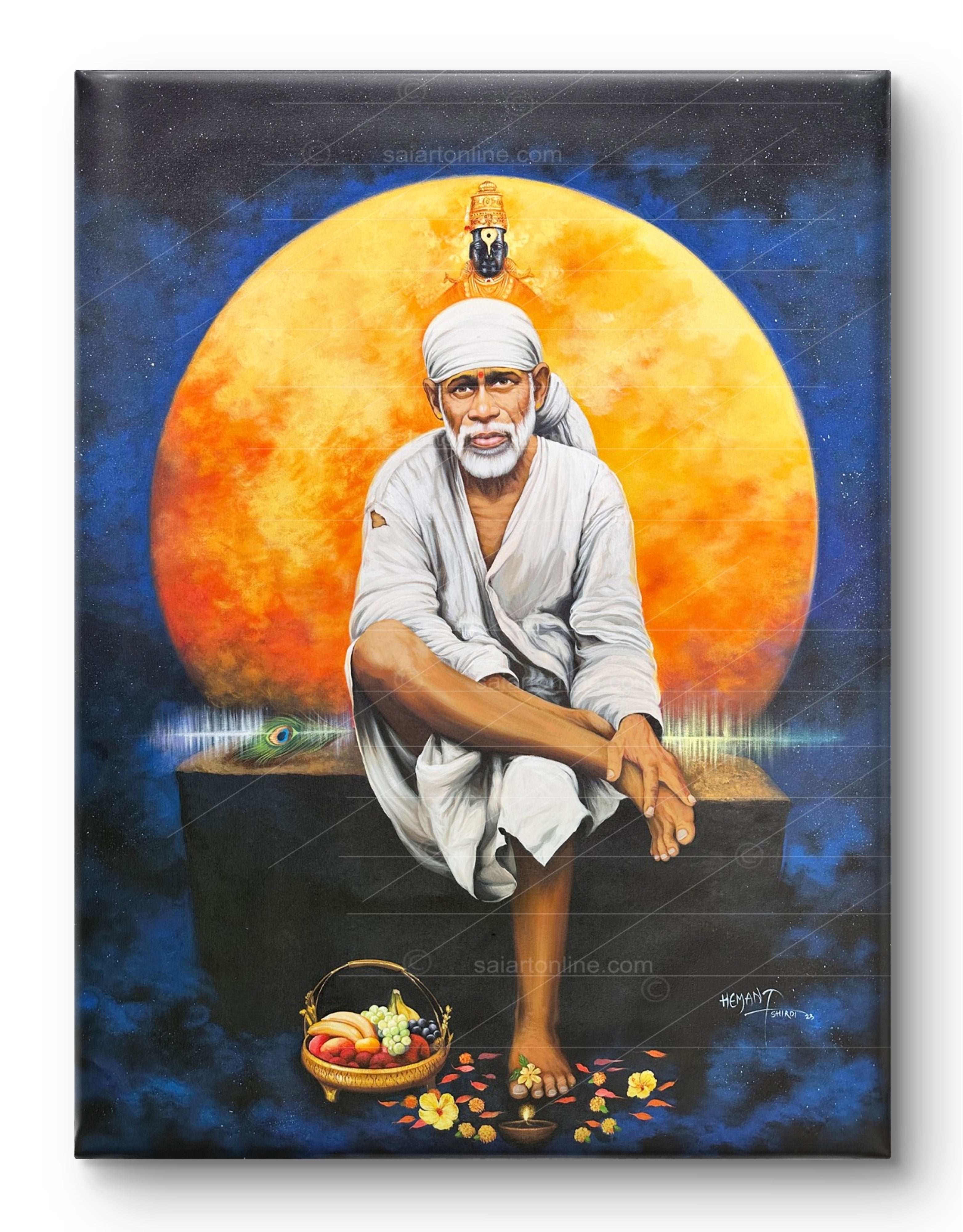 Shirdi Sai Baba Original Photo Sitting on Stone Canvas Painting | UV Coated Waterproof HD Wall Art by Hemant Art