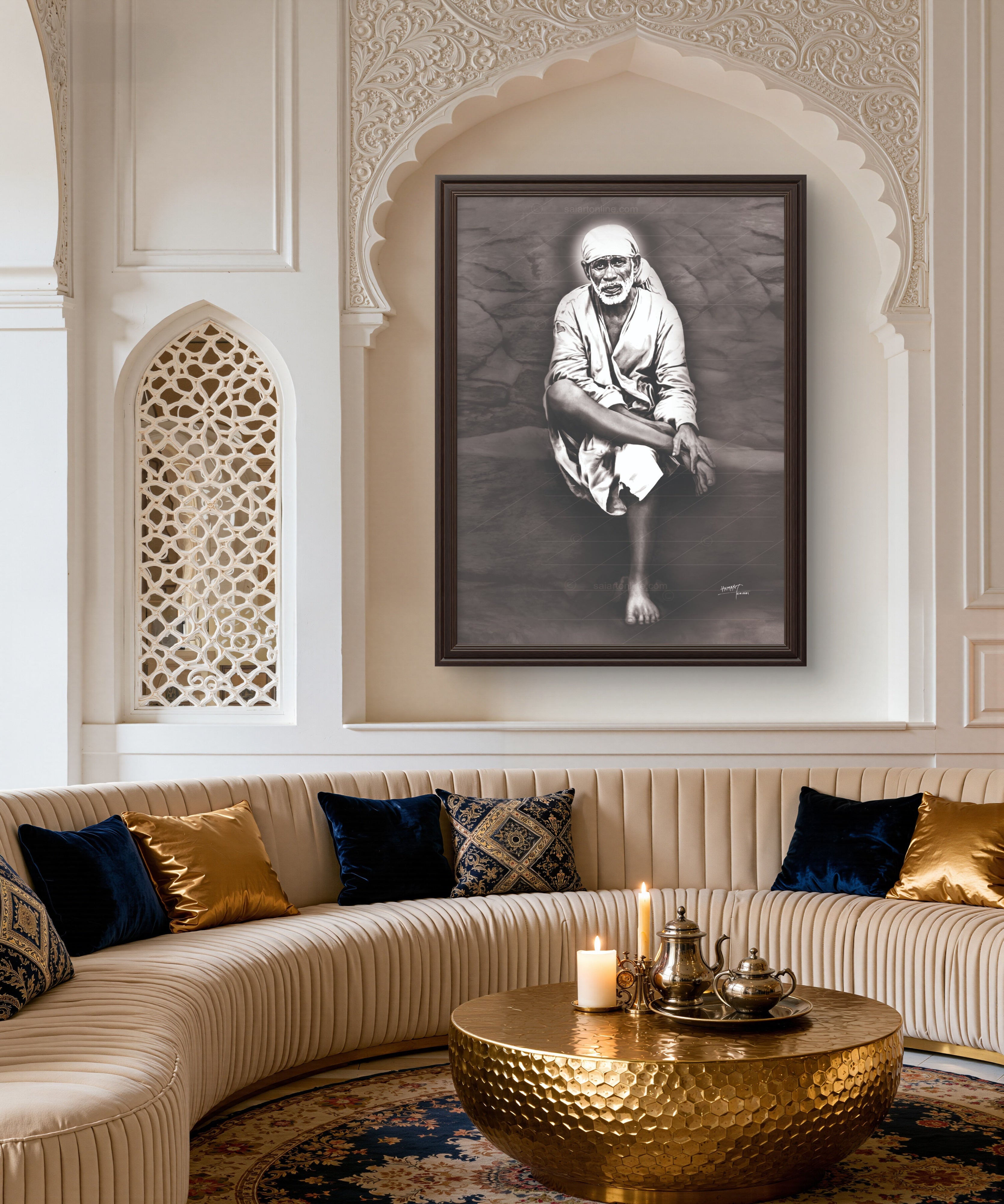 Shirdi Sai Baba Original Photo Sitting on Stone Canvas Painting | UV Coated Waterproof HD Wall Art by Hemant Art