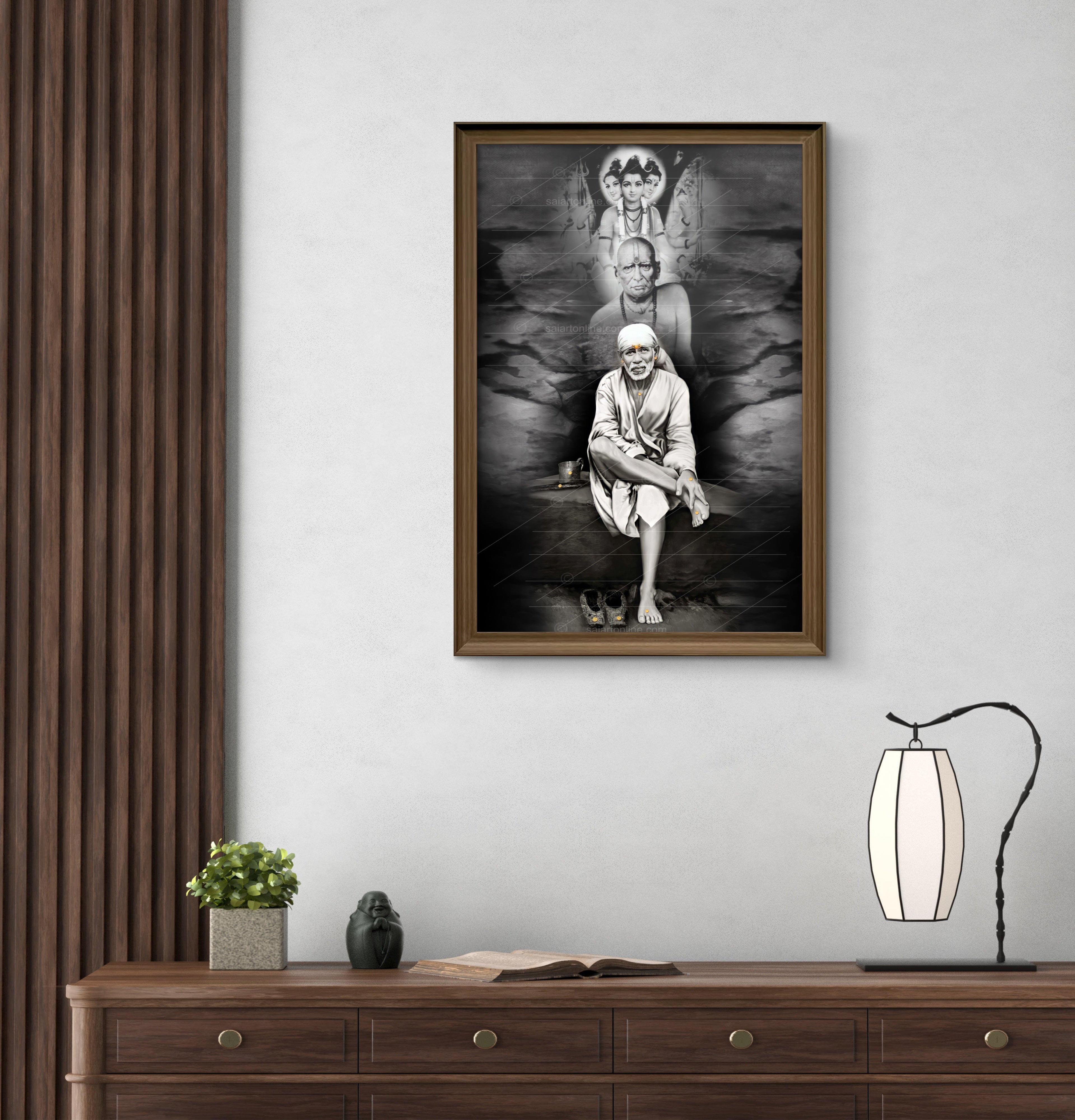 Shirdi Sai Baba Photo Sitting On Stone Hand Painting Canvas Reprint Wall Art Decor photo, Picture/Poster