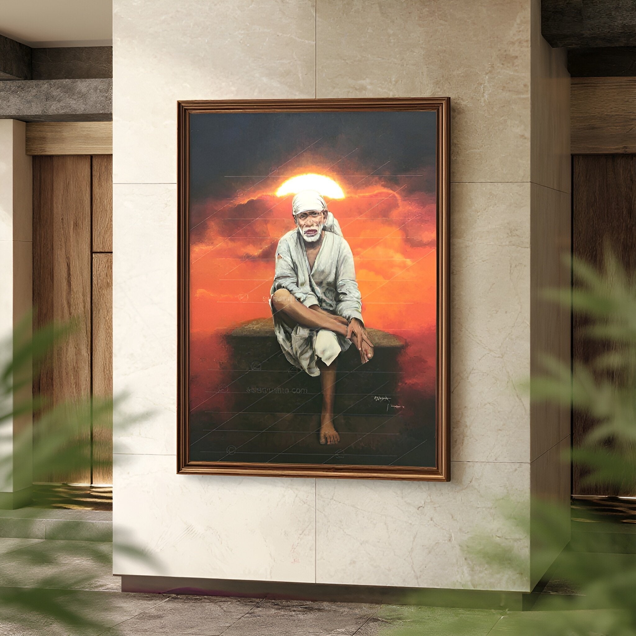 Shirdi Sai Baba Original Photo Sitting on Stone Canvas Painting | UV Coated Waterproof HD Wall Art by Hemant Art
