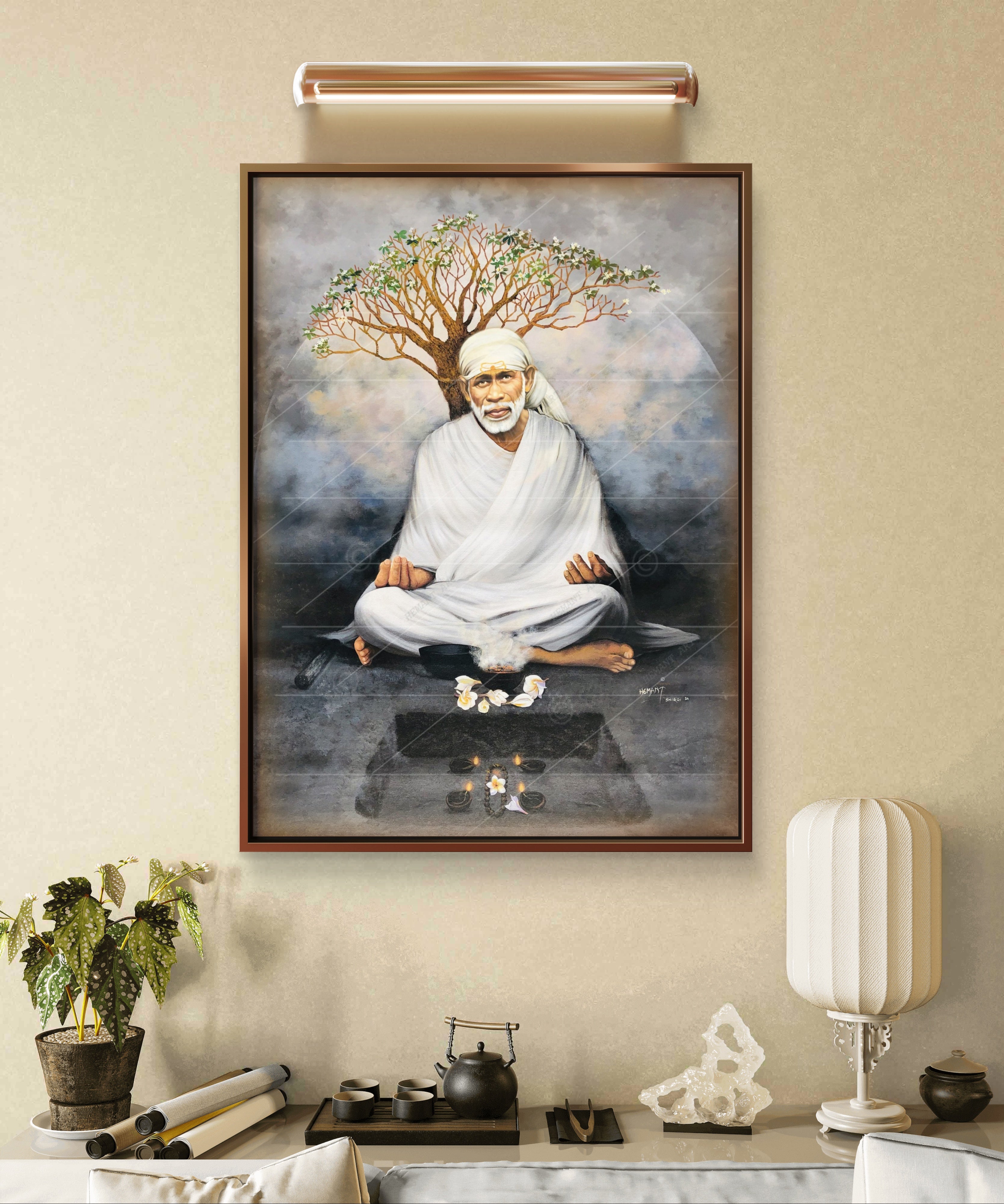 🖼️ Hemant Art Shirdi Sai Baba Meditation Photo Frame Canvas Painting/Canvas Wall Art – Spiritual Home Decor for Puja Room & Meditation Space Success Active