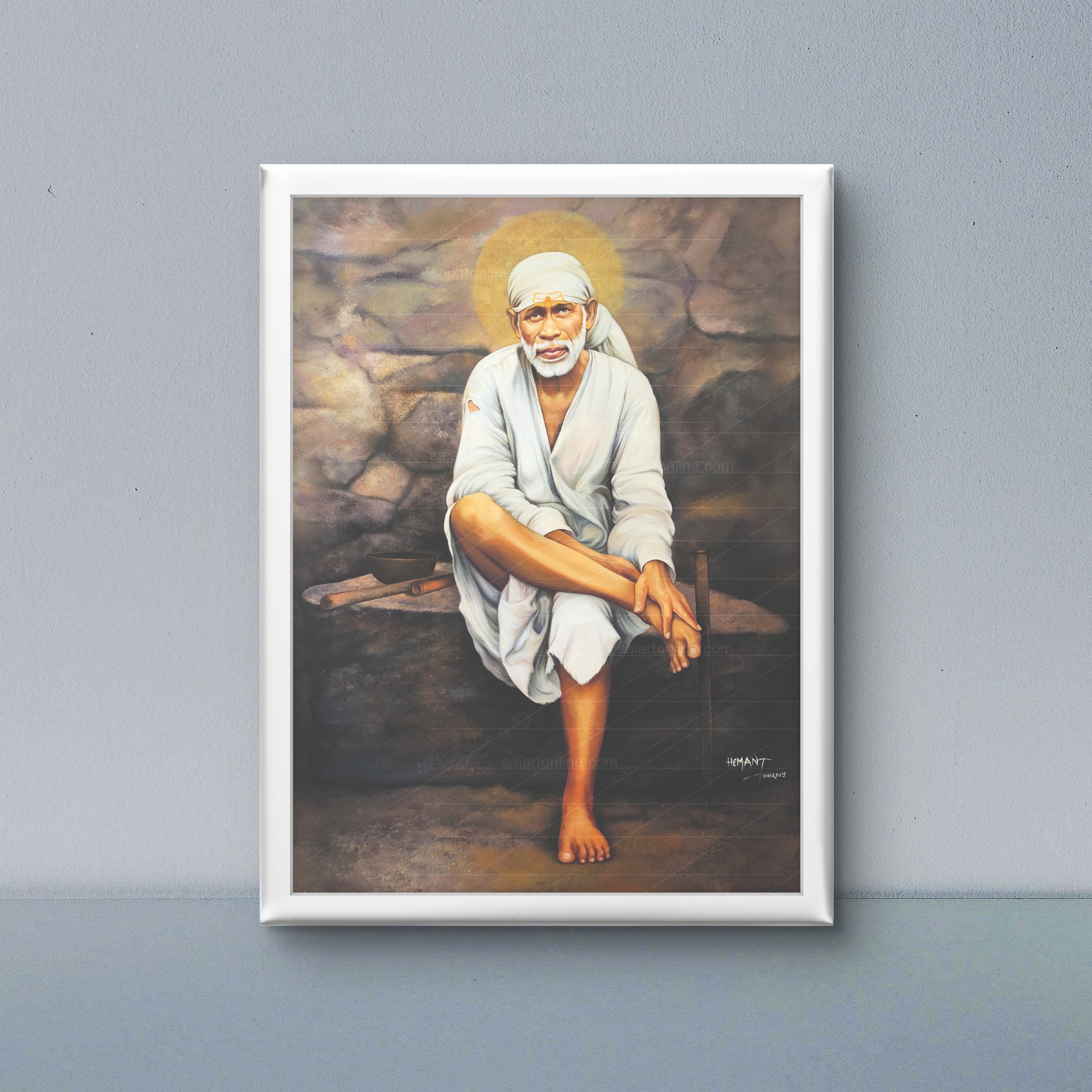 Shirdi Sai Baba Original Photo Sitting on Stone Canvas Painting | UV Coated Waterproof HD Wall Art by Hemant Art
